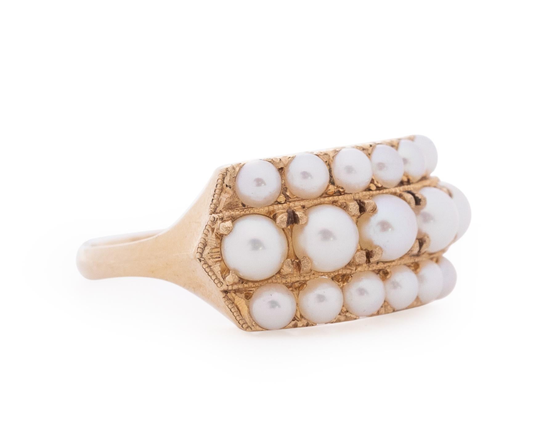 Item Details: 
Ring Size: 6
Metal Type: 14 Karat Yellow Gold [Hallmarked, and Tested]
Weight: 3.6 grams

Stones: Pearls, 1.00 Carat Total Weight, Pinkish Luster

Finger to Top of Stone Measurement: 5.5mm
Condition: Excellent
