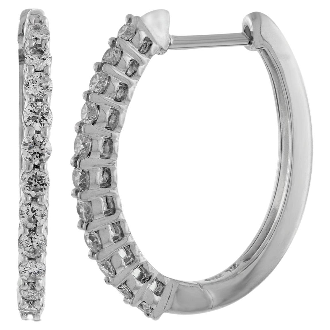 1.00 Carat Total Weight Diamond Outside Oval Hoop Earrings in 14 Karat Gold For Sale