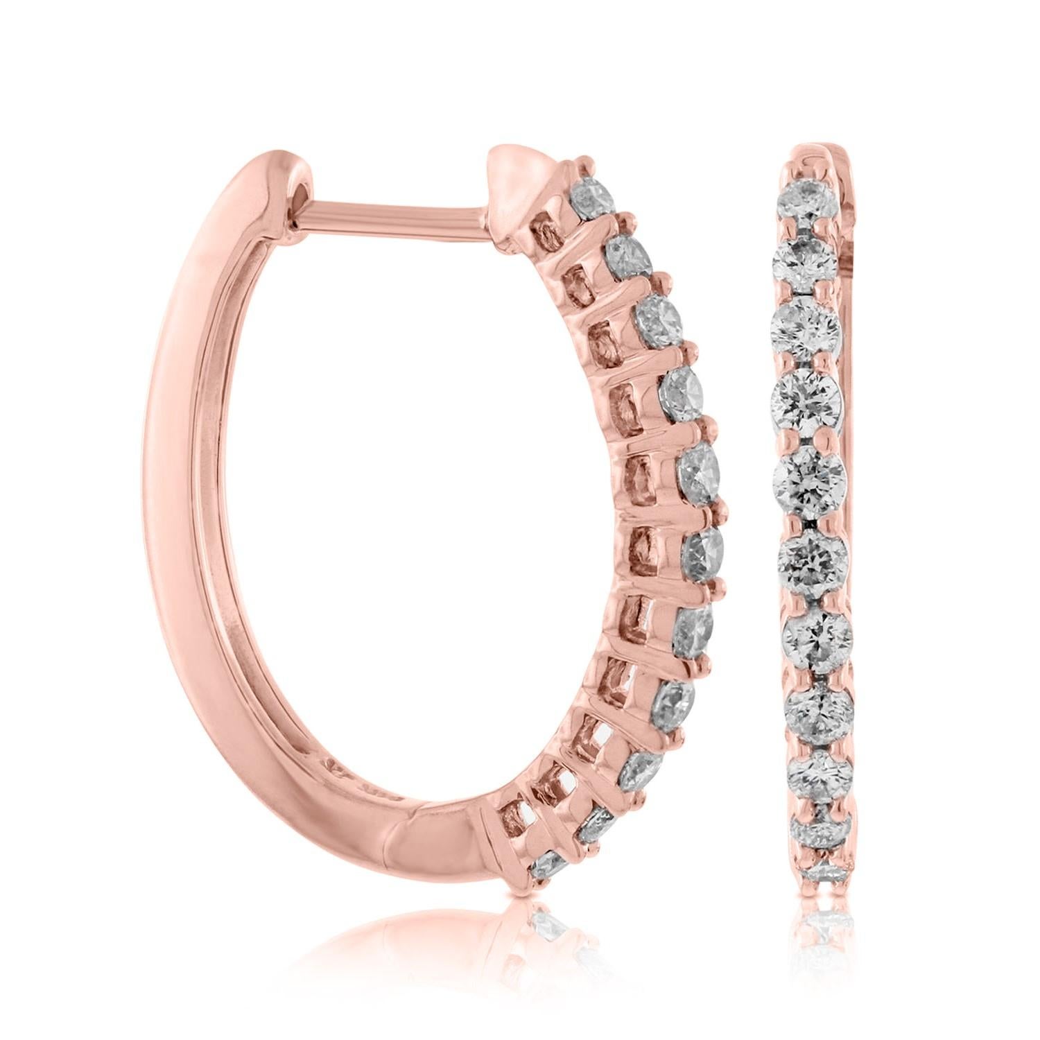 Contemporary 1.00 Carat Total Weight Diamond Outside Oval Hoop Earrings in 14K Rose Gold For Sale