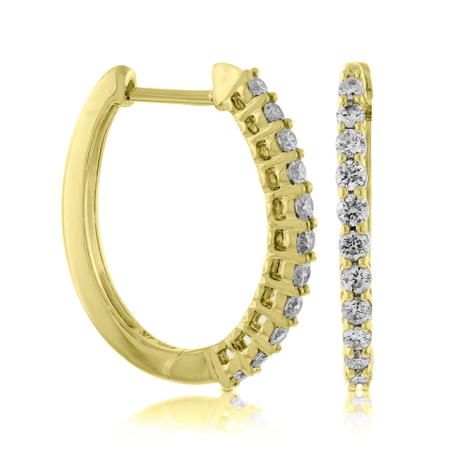 Round Cut 1.00 Carat Total Weight Diamond Outside Oval Hoop Earrings in 14K Yellow Gold For Sale