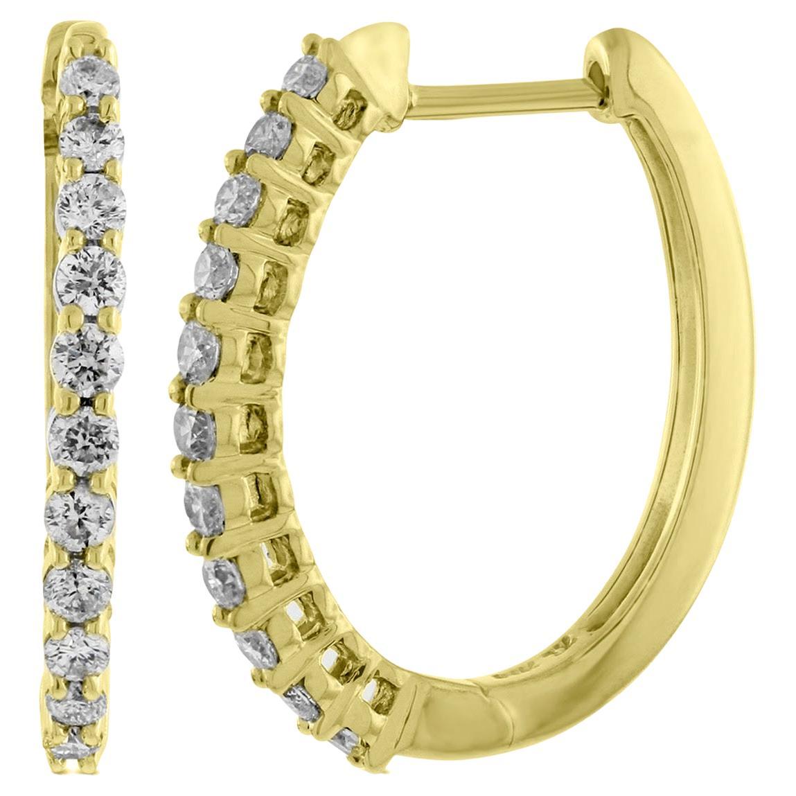 1.00 Carat Total Weight Diamond Outside Oval Hoop Earrings in 14K Yellow Gold For Sale