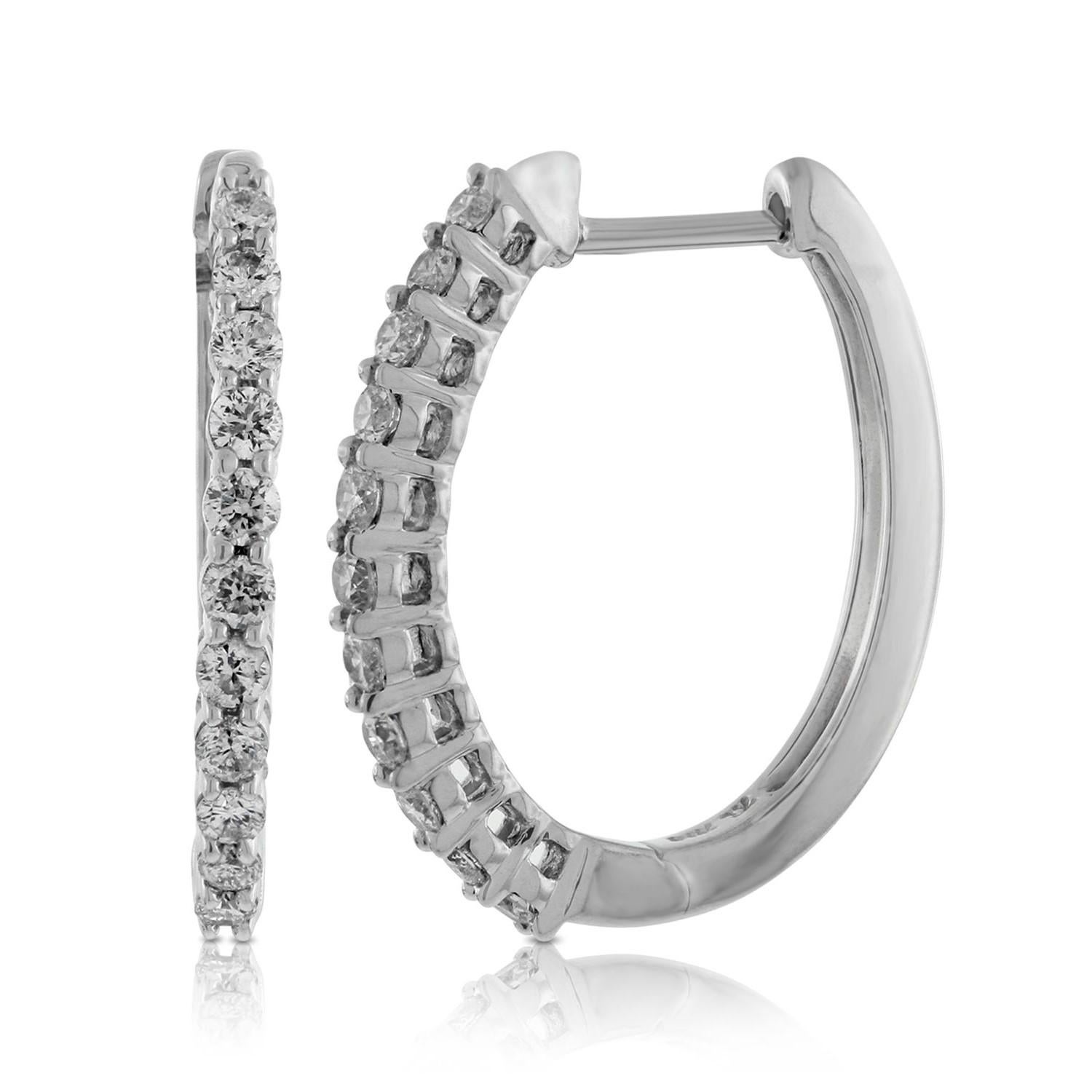 Nothing says luxury like an incredible pair of diamond round hoop earrings. These stunning brightly polished 14 karat white gold inside out round-shaped hoop earrings feature a total of 26 round brilliant cut diamonds totaling 1.00 carats are prong