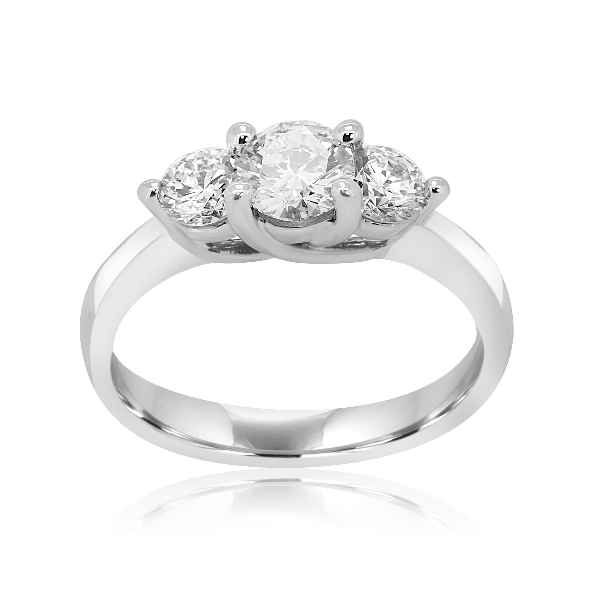 Gorgeous 1.00 Carat Total Weight Three Stone Ring With 1 White Colorless Diamond Si Clarity 0.50 Carat Flanked with 2 White Colorless Diamond Round 0.50 Carat in Stunning Platinum Bridal Ring.

Style available in different price ranges. Prices are