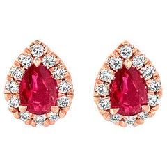 1.00 Carat Total Weight Pear Shaped Ruby Stud Earrings with 0.33ctw Diamond Halo