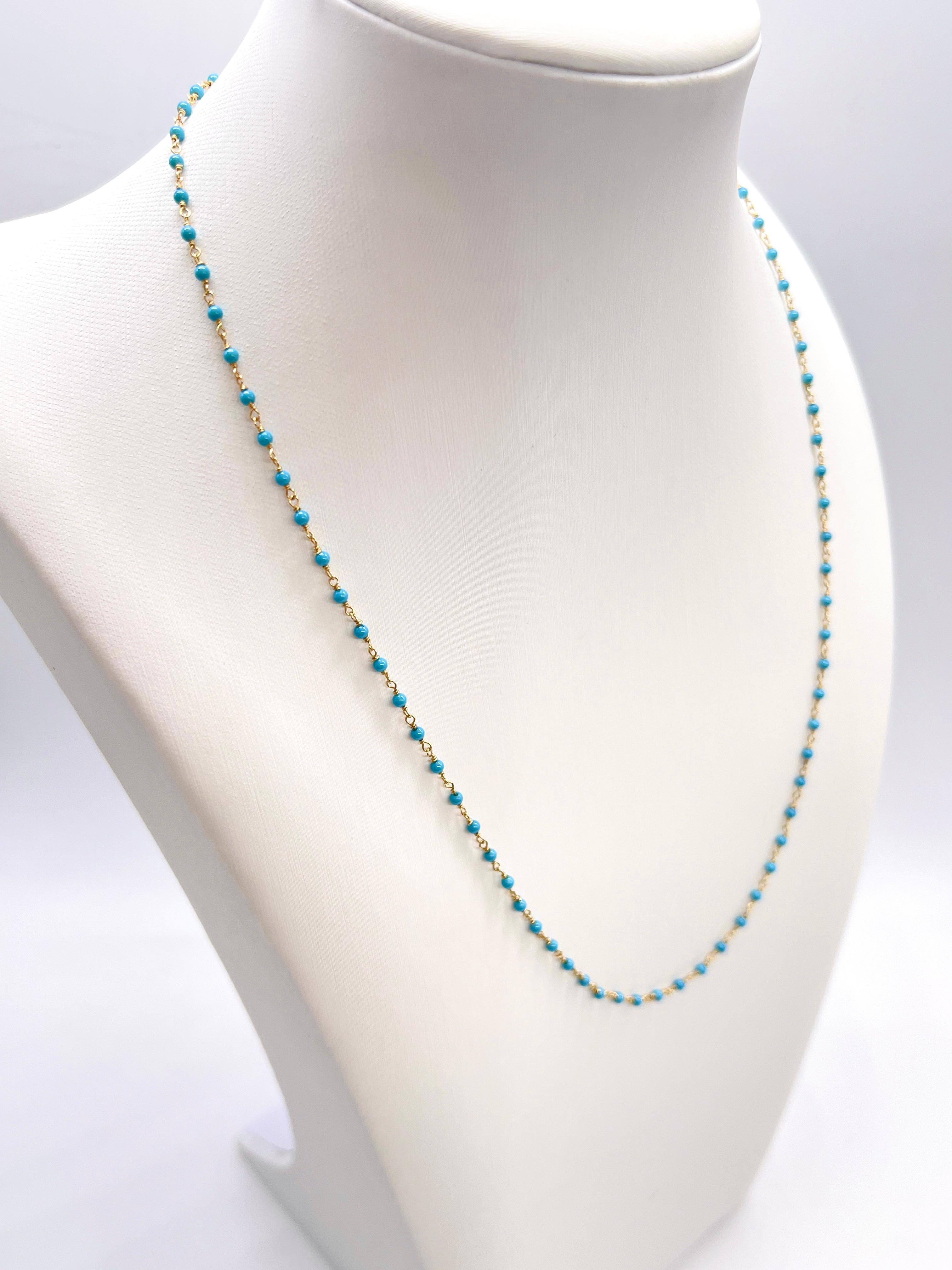 Modern 1 Carat Beaded Natural Turquoise Necklace in 14K Yellow Gold For Sale
