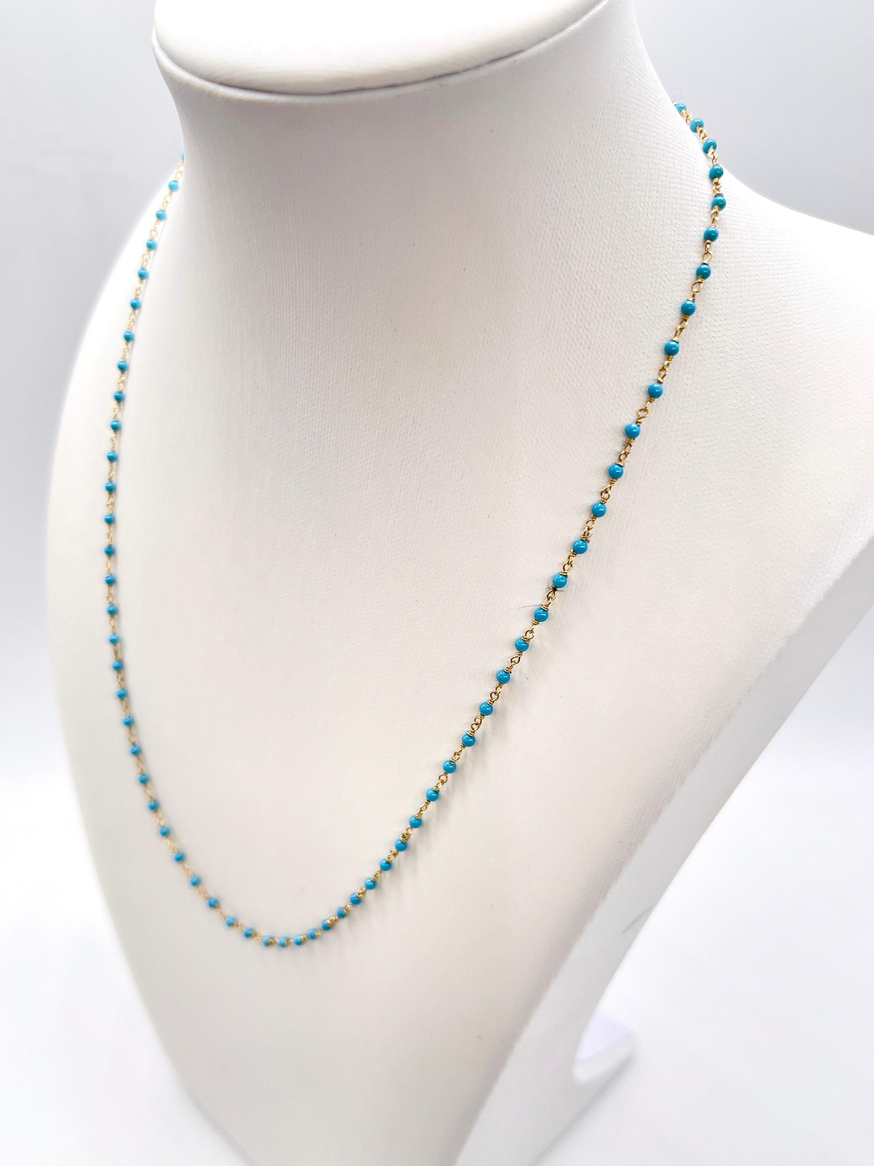 1 Carat Beaded Natural Turquoise Necklace in 14K Yellow Gold In New Condition For Sale In Great Neck Plaza, NY