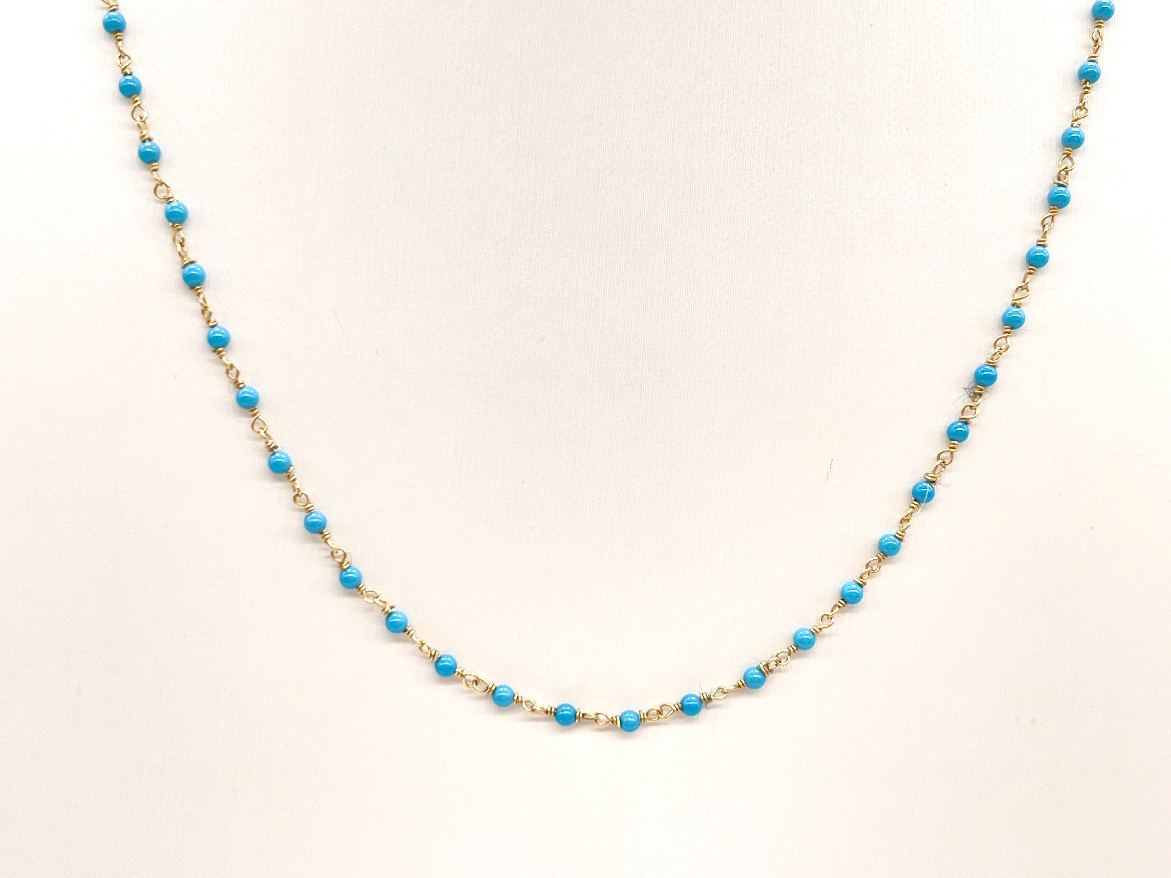 Women's or Men's 1 Carat Beaded Natural Turquoise Necklace in 14K Yellow Gold For Sale
