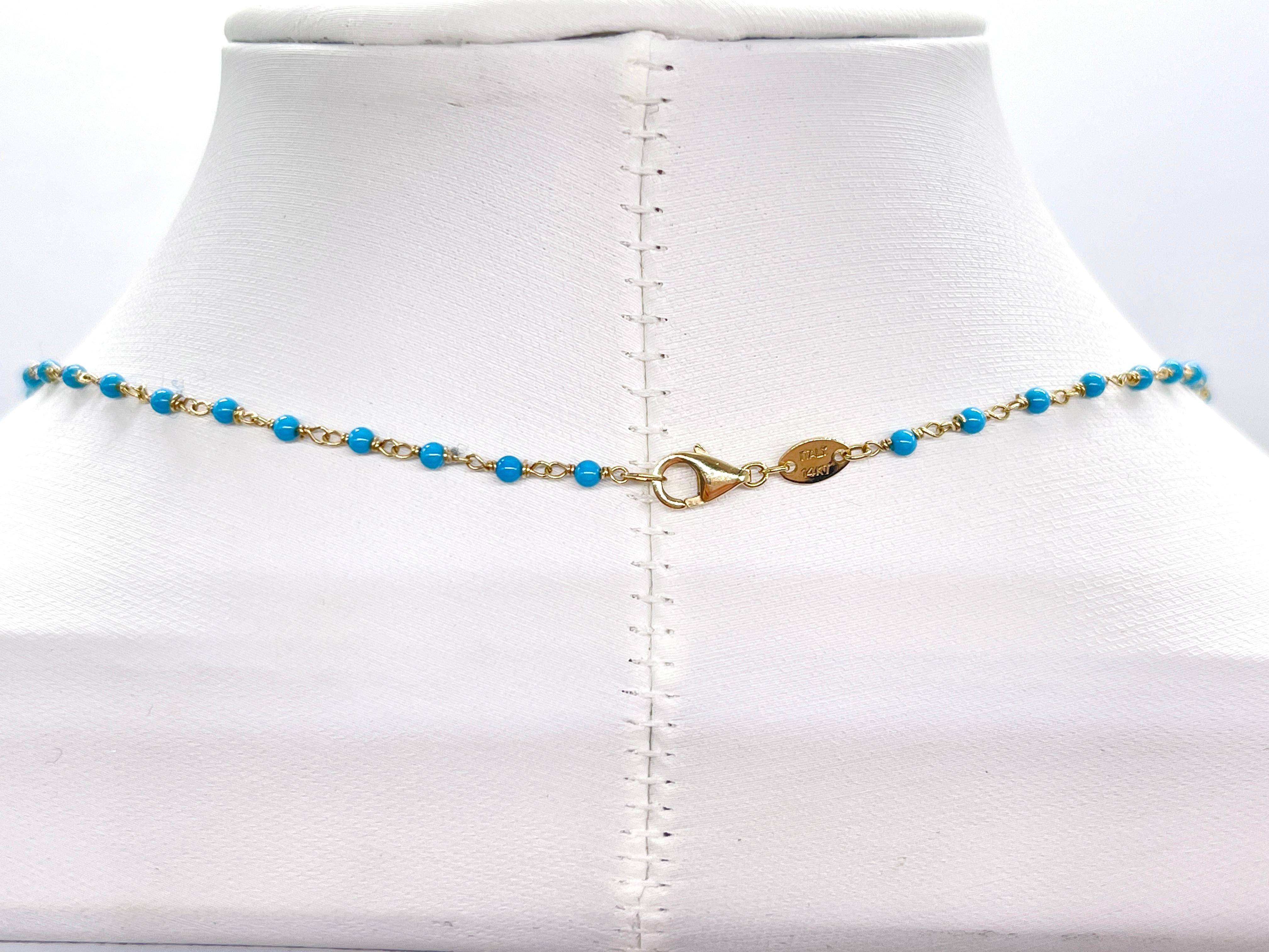 1 Carat Beaded Natural Turquoise Necklace in 14K Yellow Gold For Sale 1