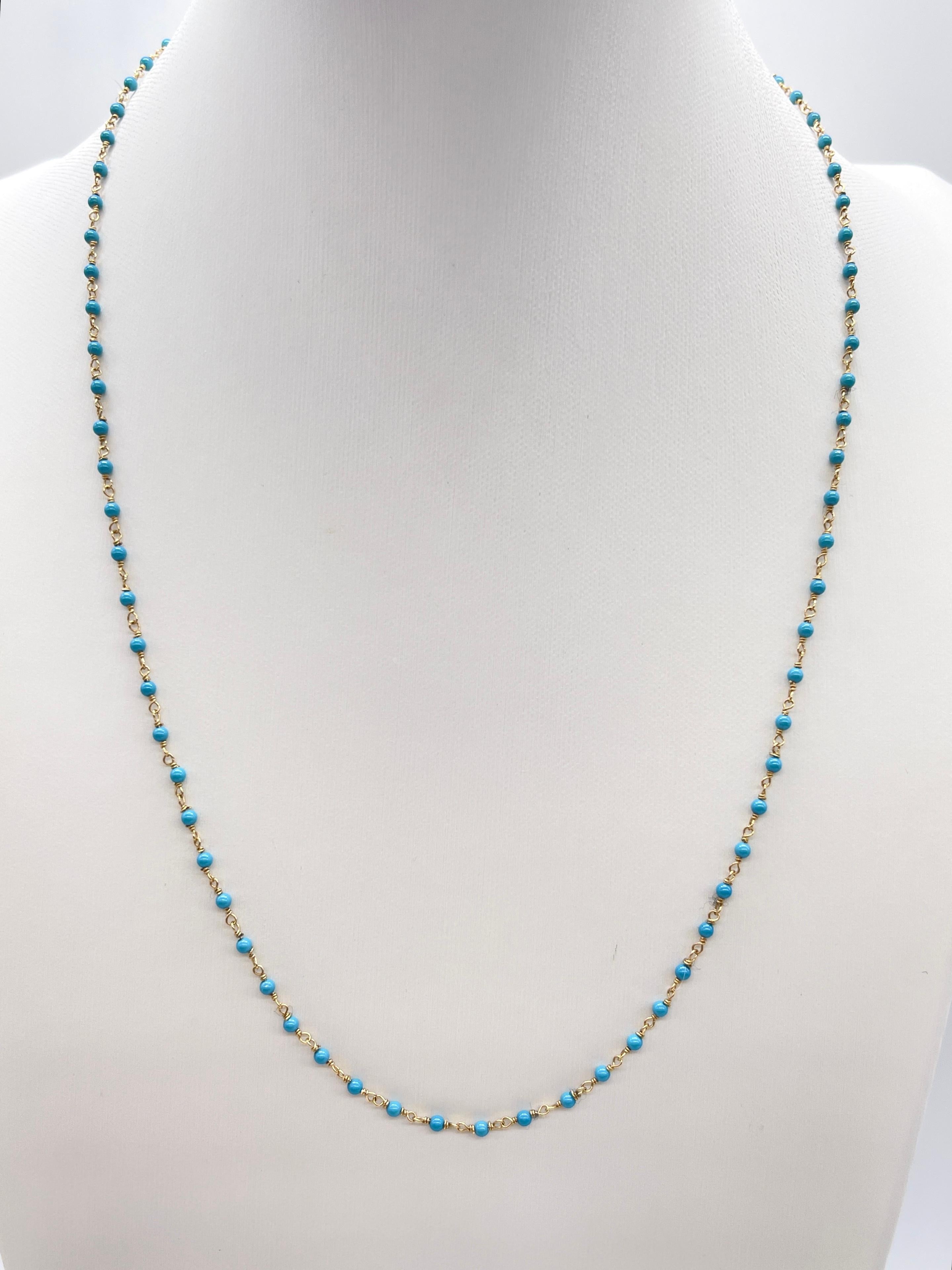 1 Carat Beaded Natural Turquoise Necklace in 14K Yellow Gold For Sale 2