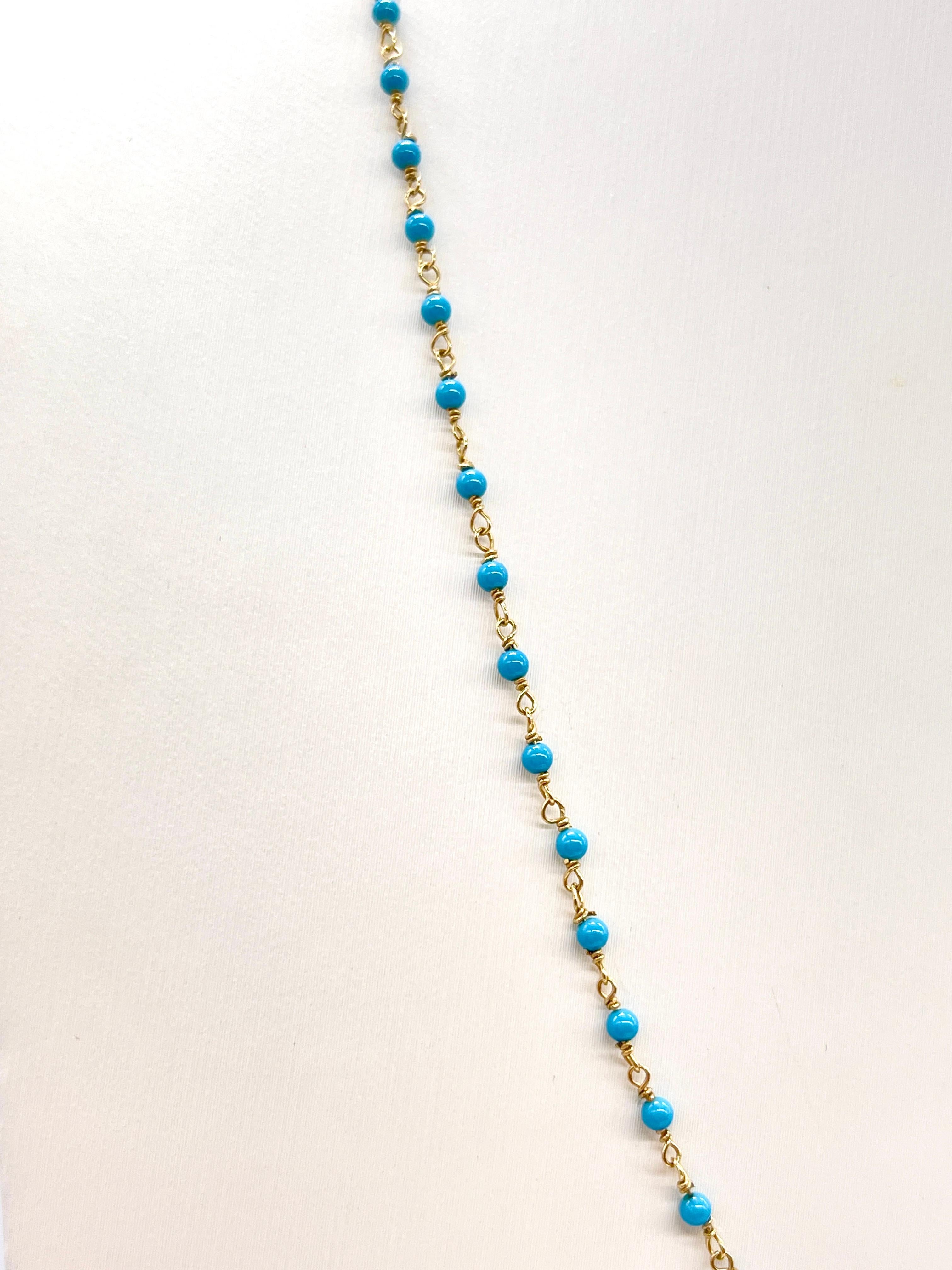 1 Carat Beaded Natural Turquoise Necklace in 14K Yellow Gold For Sale 3