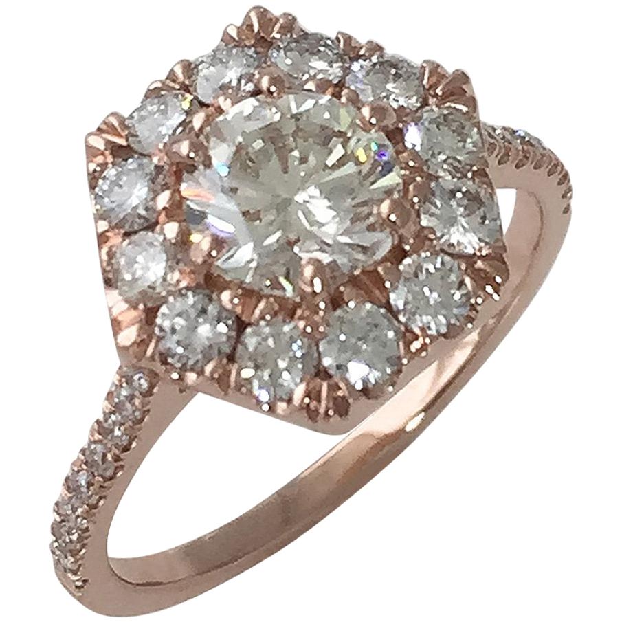 1.00 Carat TW Round Diamond Hexagon Halo Engagement Ring 14 Karat, Ben Dannie For Sale