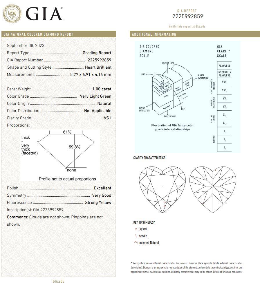 1.00 Carat Very Light Green Heart shaped diamond VS1 Clarity GIA Certified For Sale 2
