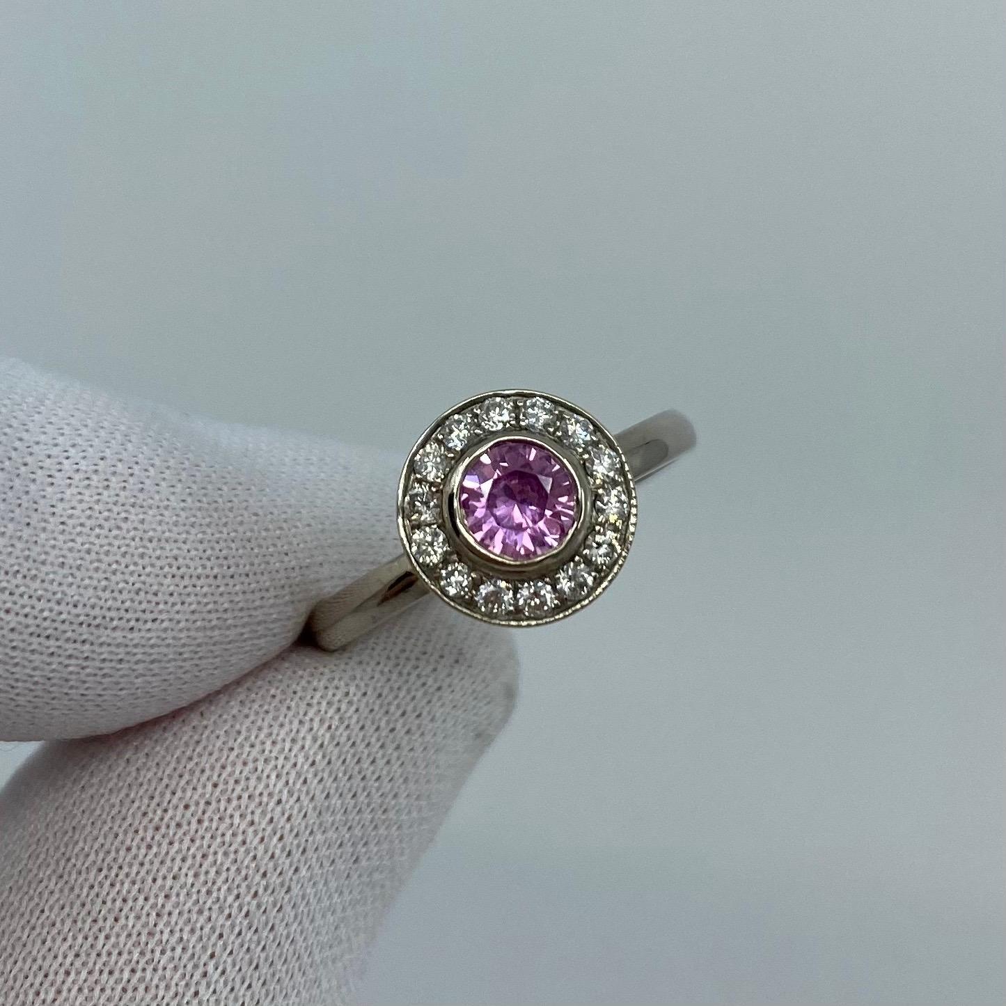 1.00 Carat Vivid Pink Sapphire and Diamond 18 Karat White Gold Halo Ring For Sale 5