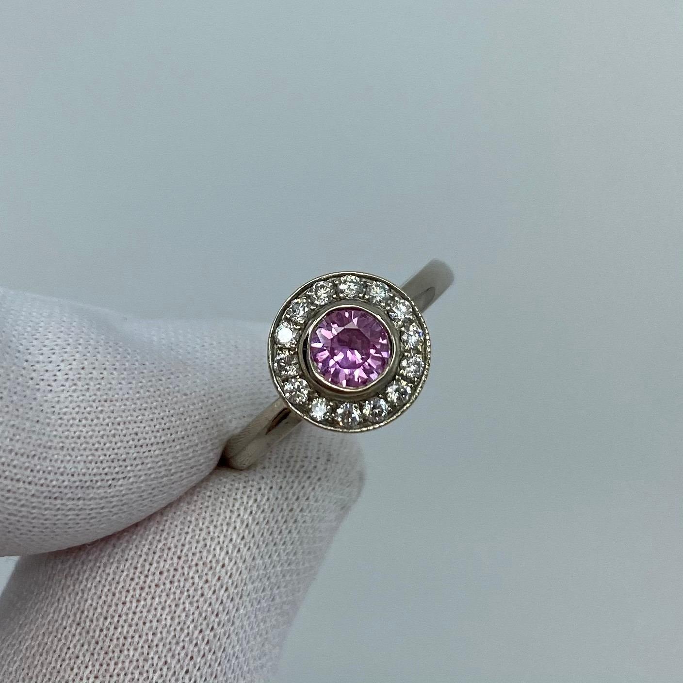 1.00 Carat Vivid Pink Sapphire and Diamond 18 Karat White Gold Halo Ring For Sale 6