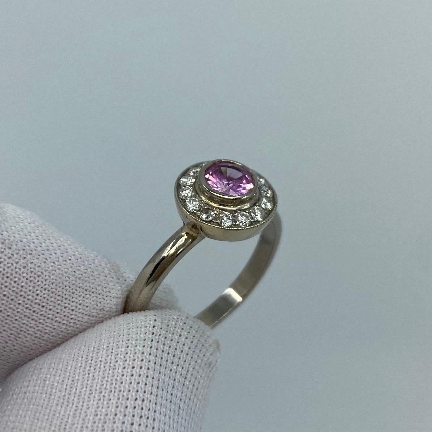 1.00 Carat Vivid Pink Sapphire and Diamond 18 Karat White Gold Halo Ring For Sale 7