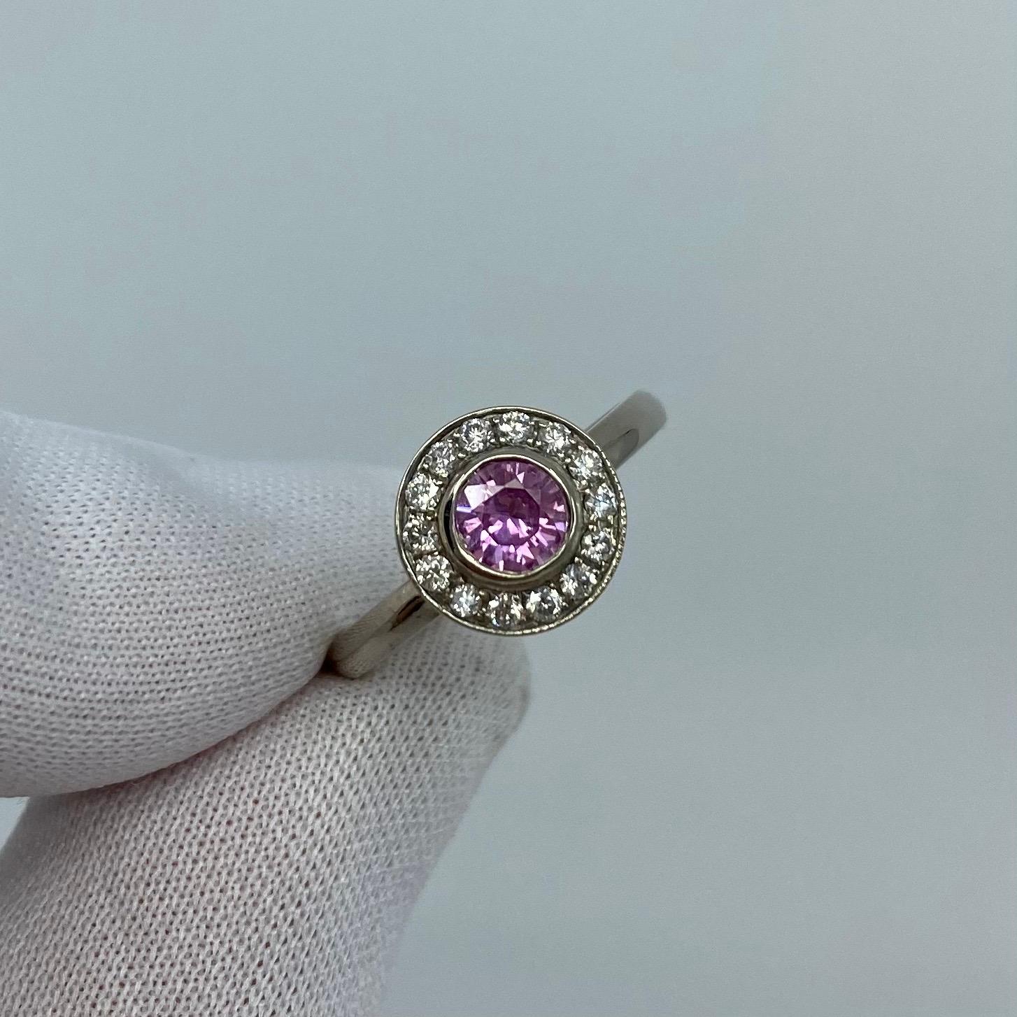 1.00 Carat Vivid Pink Sapphire and Diamond 18 Karat White Gold Halo Ring For Sale 10