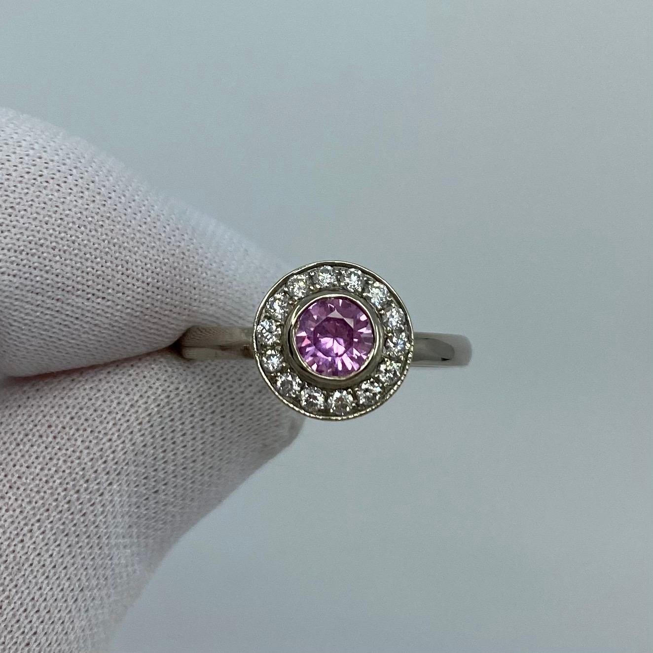 Women's or Men's 1.00 Carat Vivid Pink Sapphire and Diamond 18 Karat White Gold Halo Ring For Sale