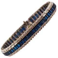 1.00 Carat White Diamond Blue Sapphire White Gold Tennis Bracelet