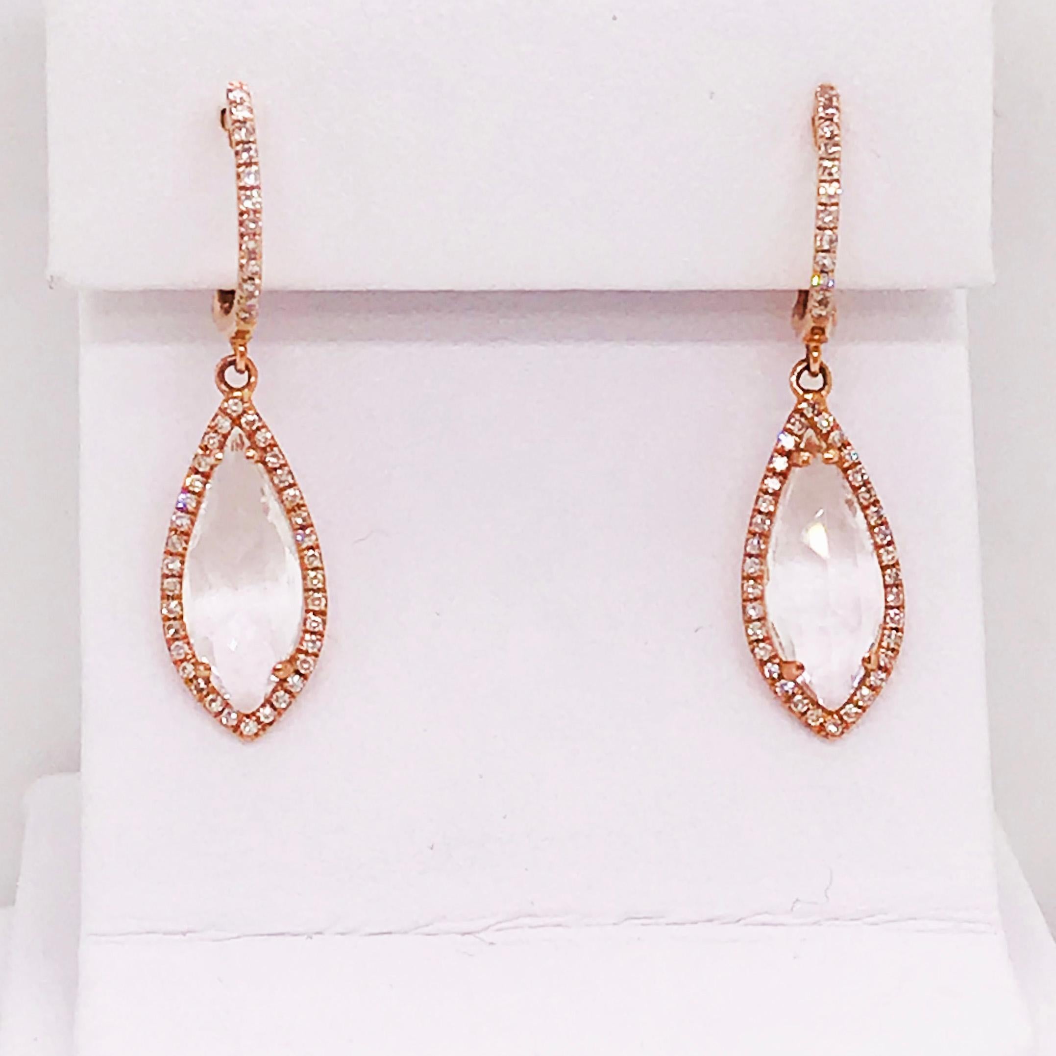 Gorgeous White Topaz and Diamond Earring Dangles in Rose Gold. With a stunning genuine white topaz gemstone with a unique cut set in each earring. Framed by a round brilliant diamond setting. The earrings have mini hoops that are paved with diamonds