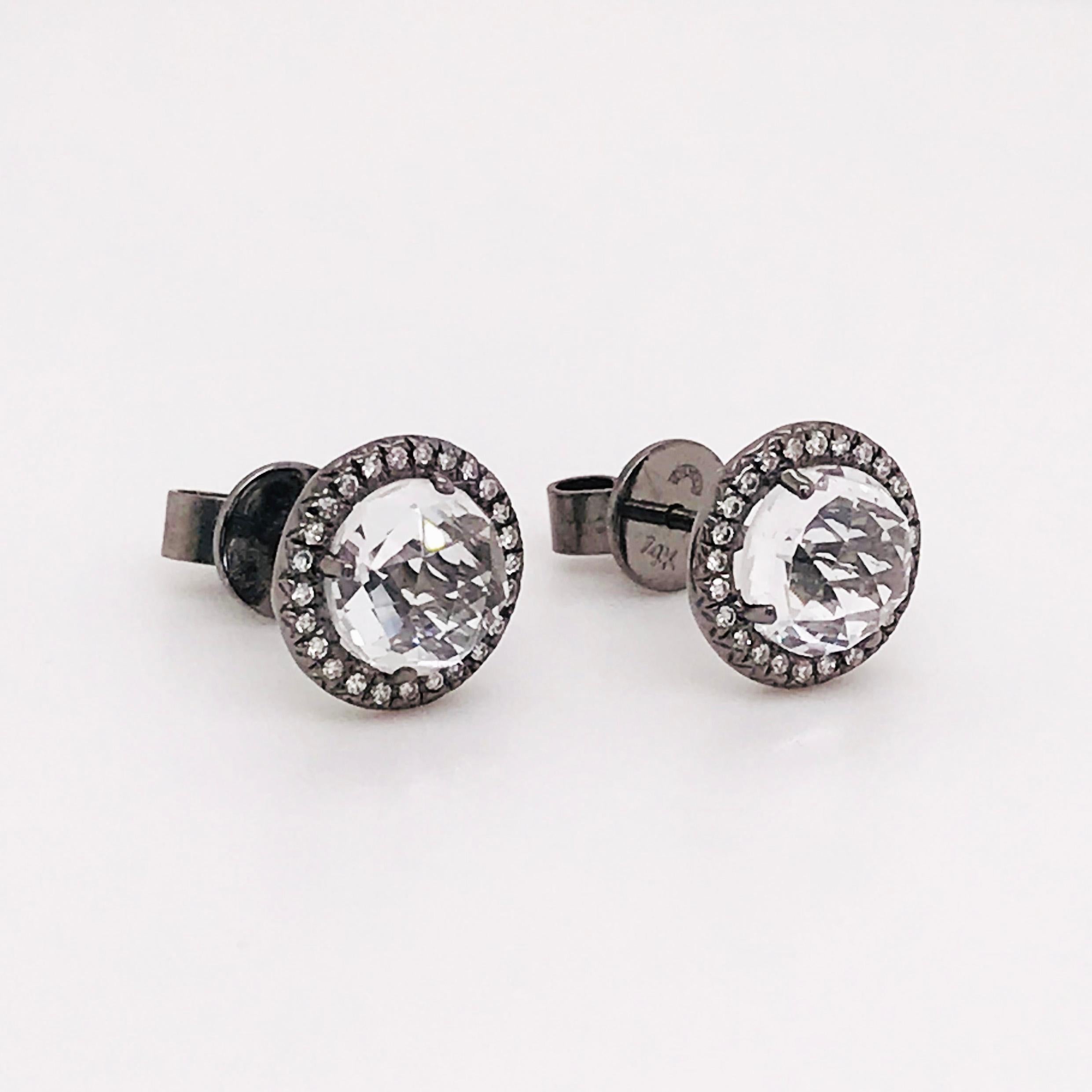 1.00 Carat Total White Topaz and Diamond Earring Studs in Oxidized White Gold In New Condition In Austin, TX
