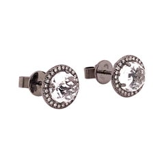 1.00 Carat Total White Topaz and Diamond Earring Studs in Oxidized White Gold