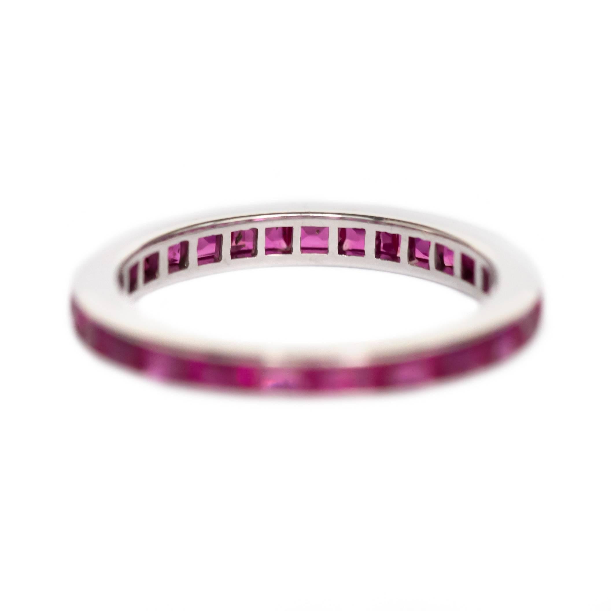 Item Details: 
Ring Size: Approximately 6.20
Metal Type: 14 Karat White Gold
Weight: 1.8 grams

Color Stone Details: 
Type: Synthetic Ruby
Shape: Princess Cut
Carat Weight: 1.00 carat, total weight.
Color: Deep Red
VS Clean

Width of band: 2.63
