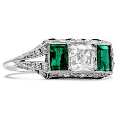 Antique 1.00 Carat Asscher Cut Diamond with Emerald & Onyx Engagement Ring