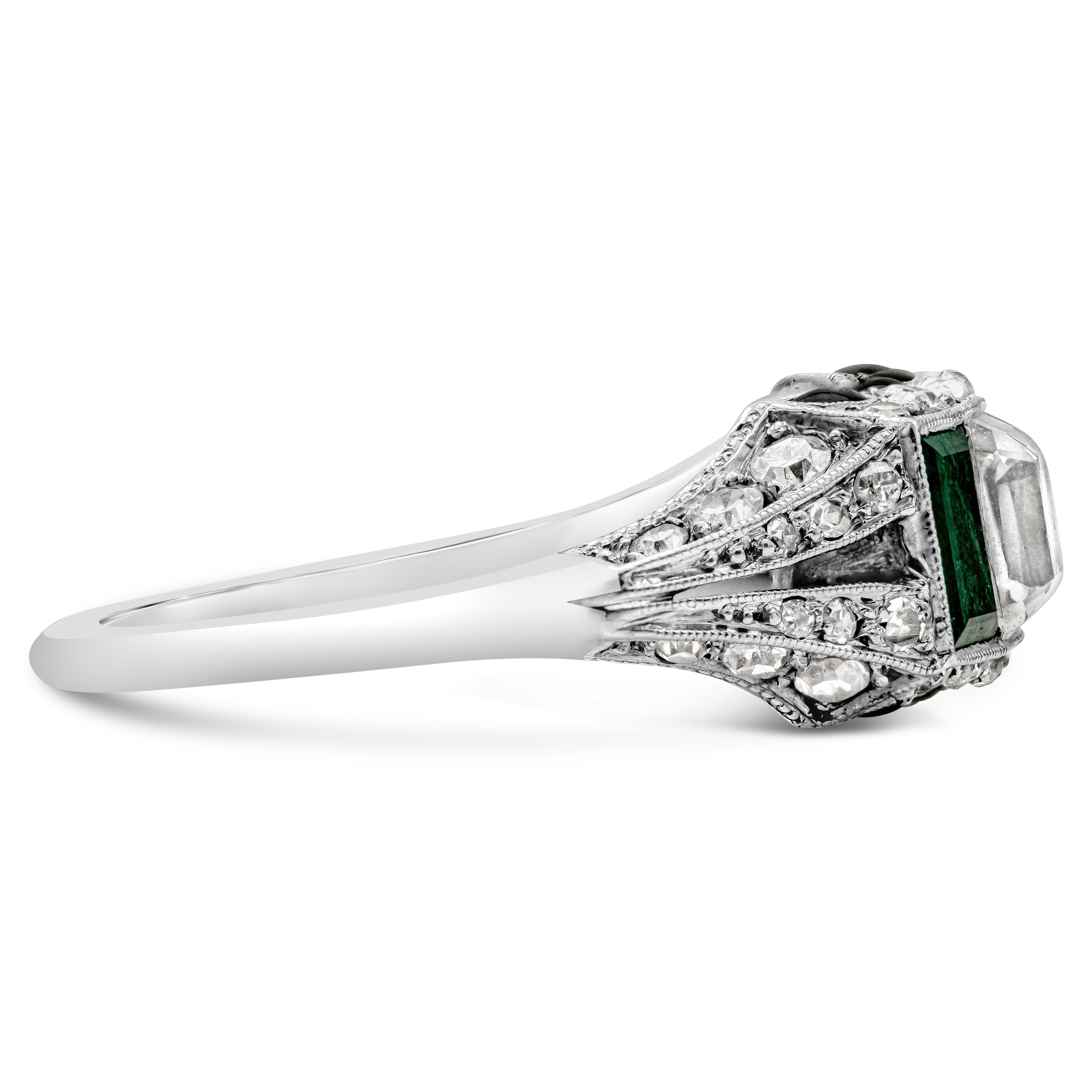 Art Deco 1.00 Carats Asscher Cut Diamond, Emerald and Onyx Antique Engagement Ring For Sale