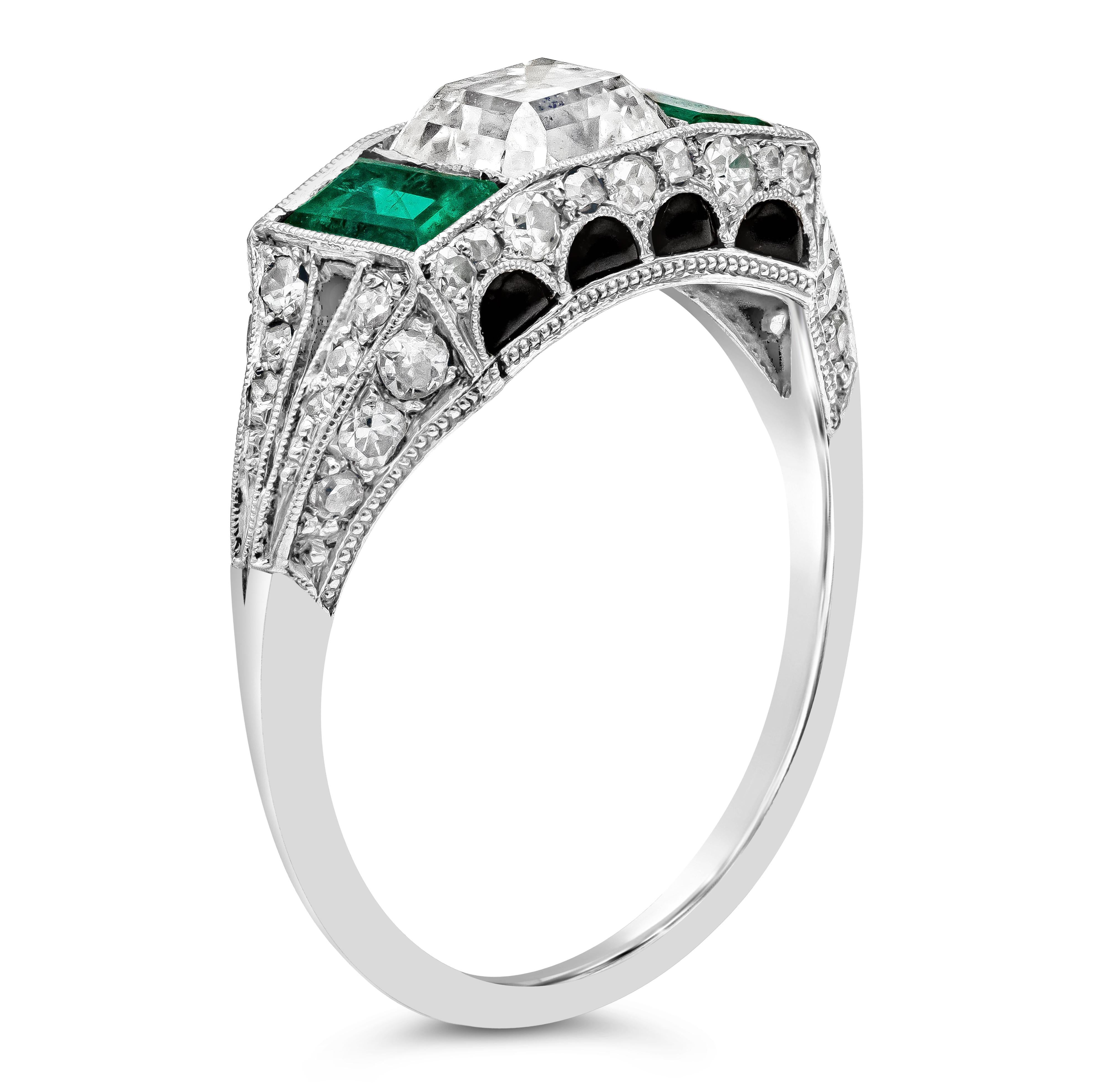 Mixed Cut 1.00 Carats Asscher Cut Diamond, Emerald and Onyx Antique Engagement Ring For Sale