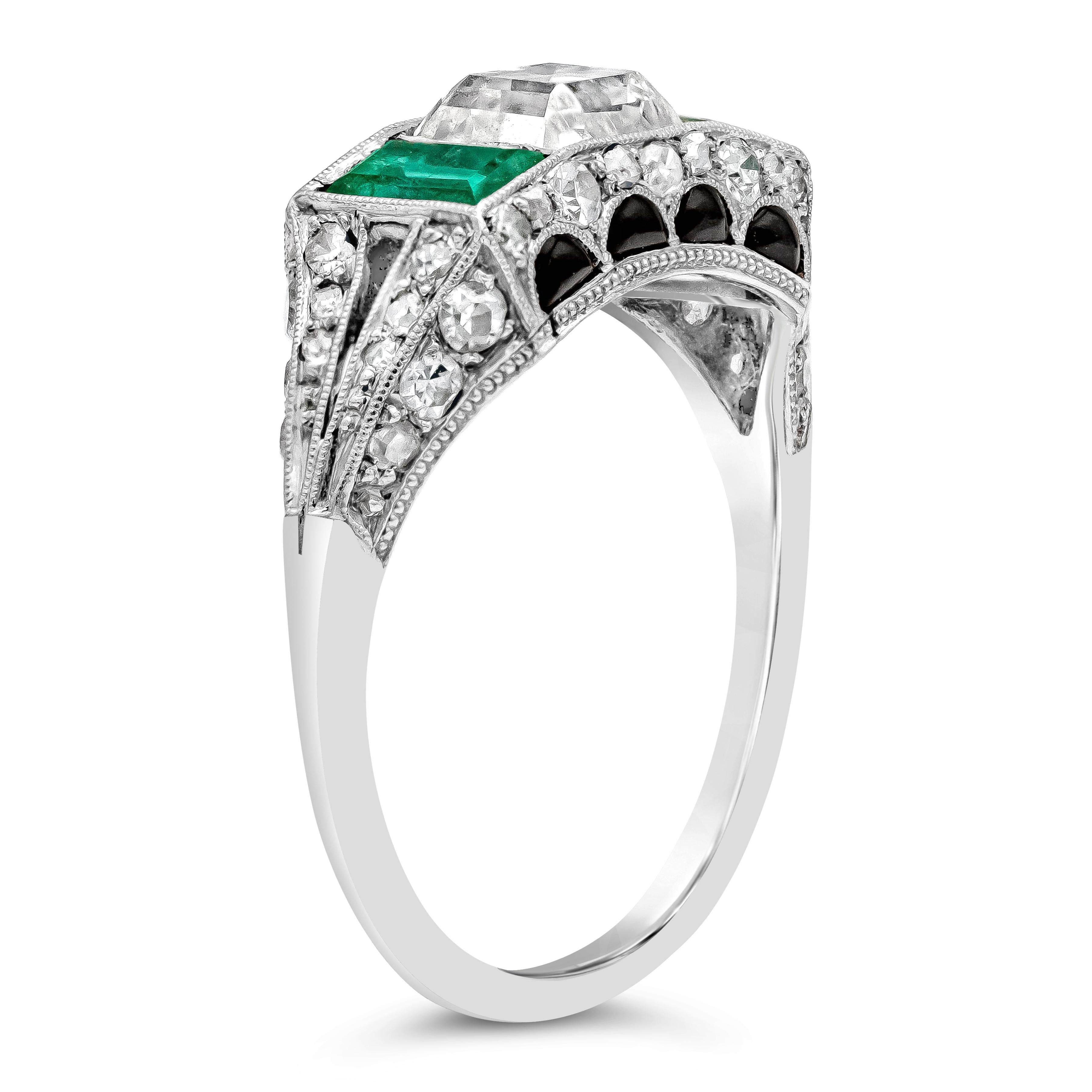 Women's 1.00 Carats Asscher Cut Diamond, Emerald and Onyx Antique Engagement Ring For Sale