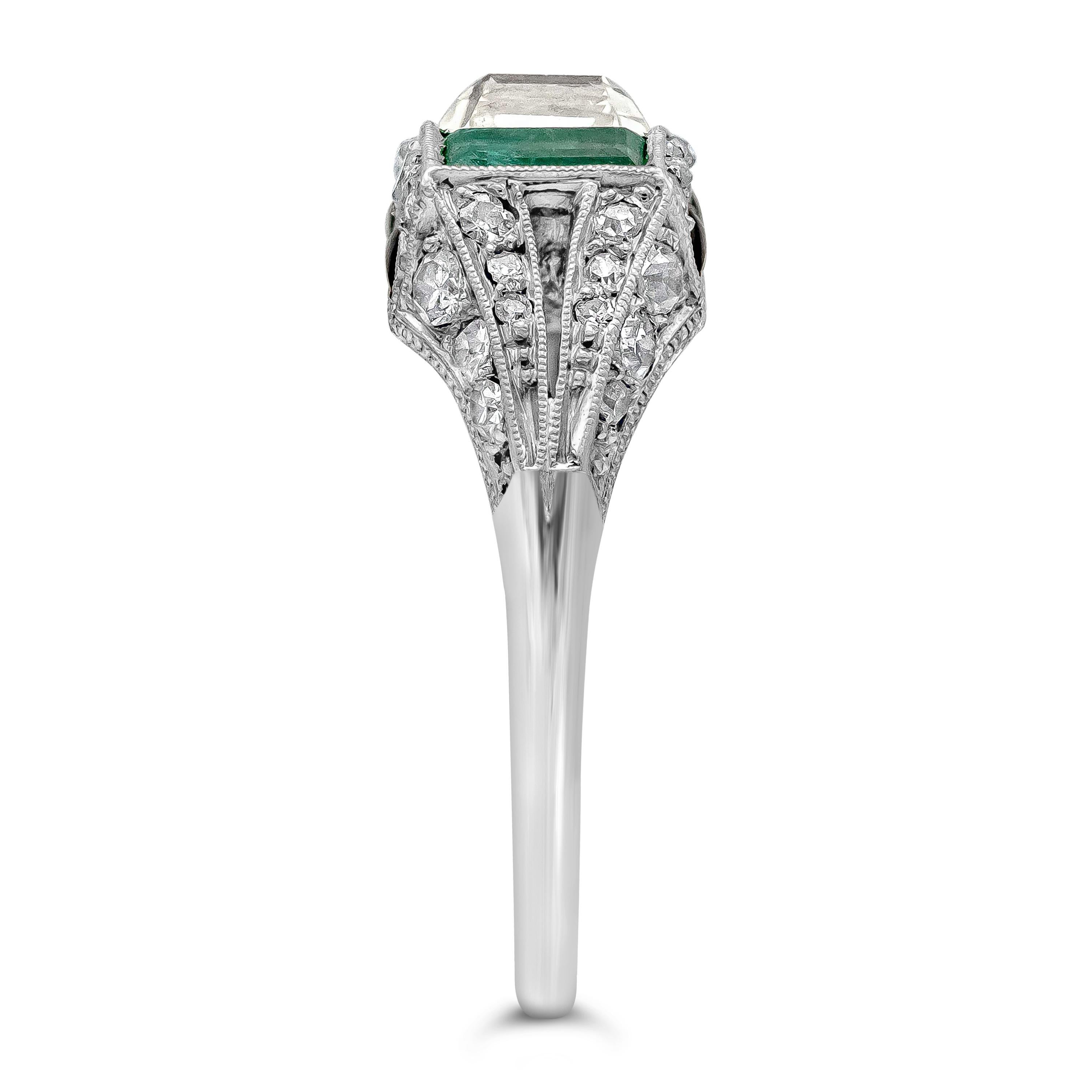 1.00 Carats Asscher Cut Diamond, Emerald and Onyx Antique Engagement Ring For Sale 1