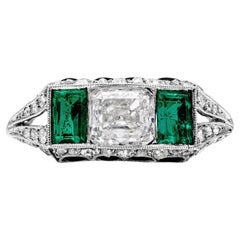 1.00 Carats Asscher Cut Diamond, Emerald and Onyx Vintage Engagement Ring