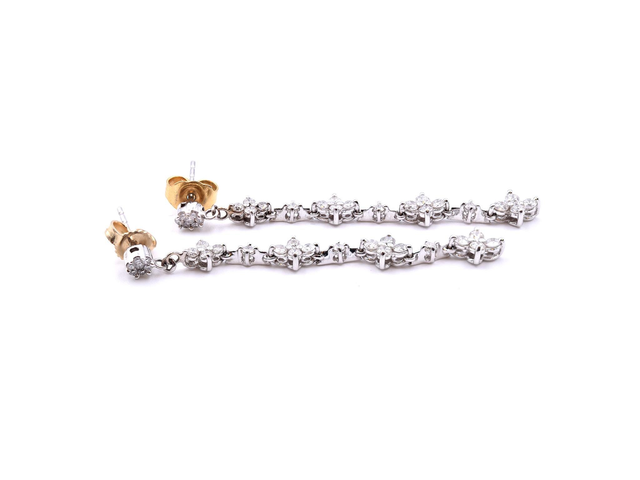 1.00 Carat Diamond 14 Karat White Gold Cluster Drop Earrings In Excellent Condition In Scottsdale, AZ