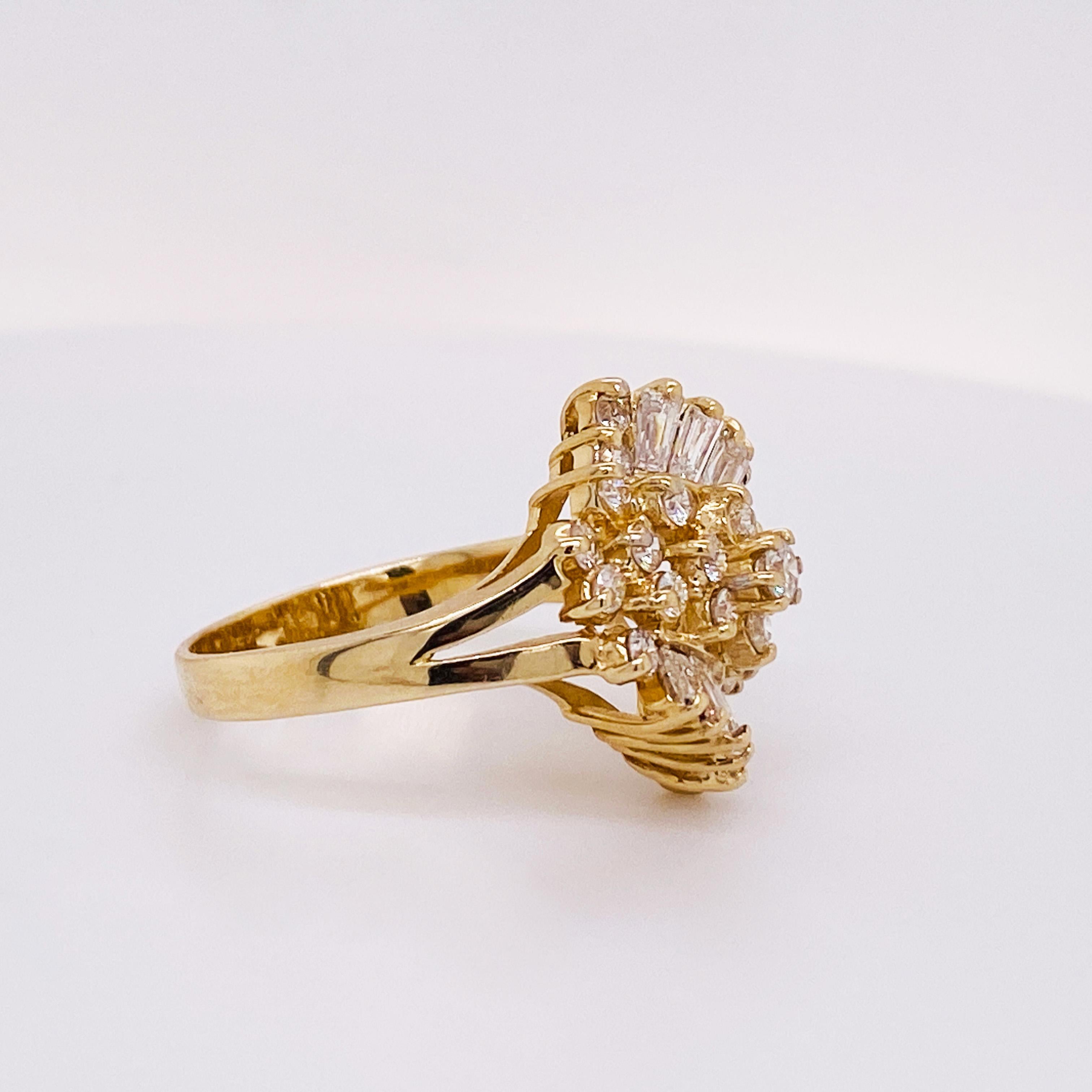 Retro 1.00 Carats Diamond Split Shank Statement Ring in 14k Gold Baguette Sash Ring For Sale