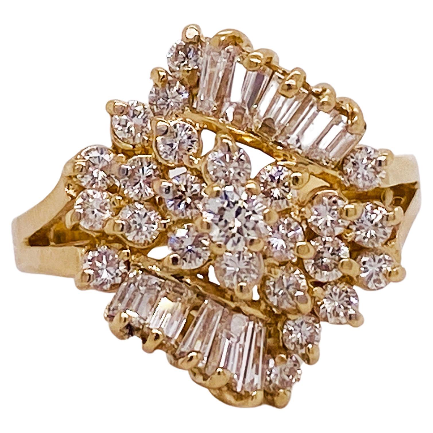 1.00 Carats Diamond Split Shank Statement Ring in 14k Gold Baguette Sash Ring For Sale