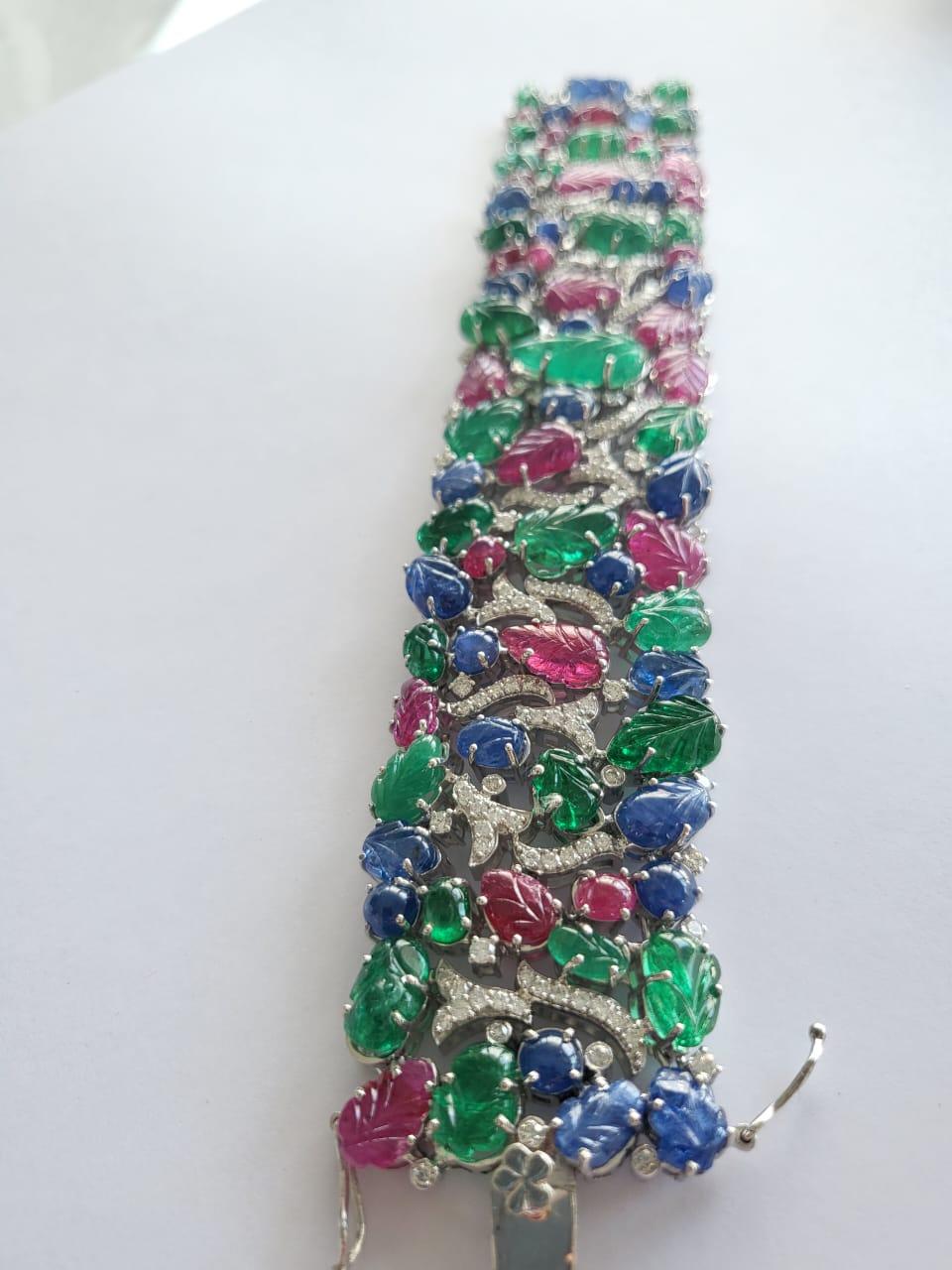 Art Deco 100 Carats Natural Blue Sapphire, Emerald, Ruby & Diamonds Tutti Frutti Bracelet