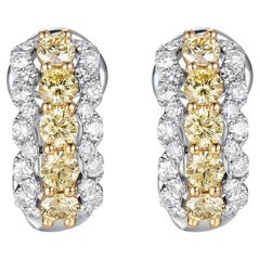1.00 Carats Yellow Diamond White Diamond Hoop Earrings in 18 Karat White Gold