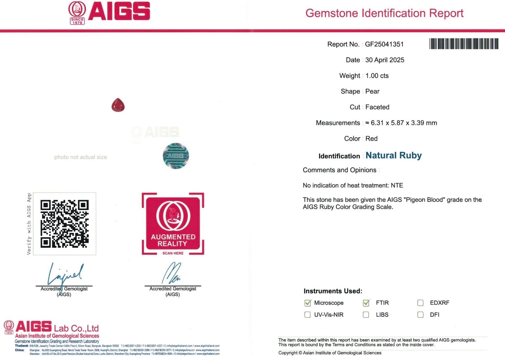1.00 Ct AIG Certificate Natural Ruby Unheated Pigeon blood eye clean quality Unisexe en vente
