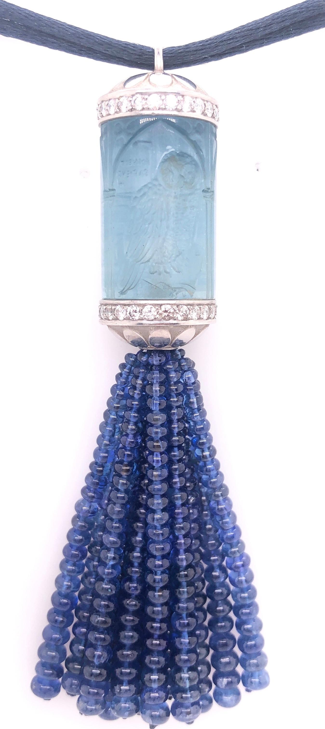 Women's or Men's 100 Carat Aquamarine Platinum and Diamond Pendant Tassle For Sale