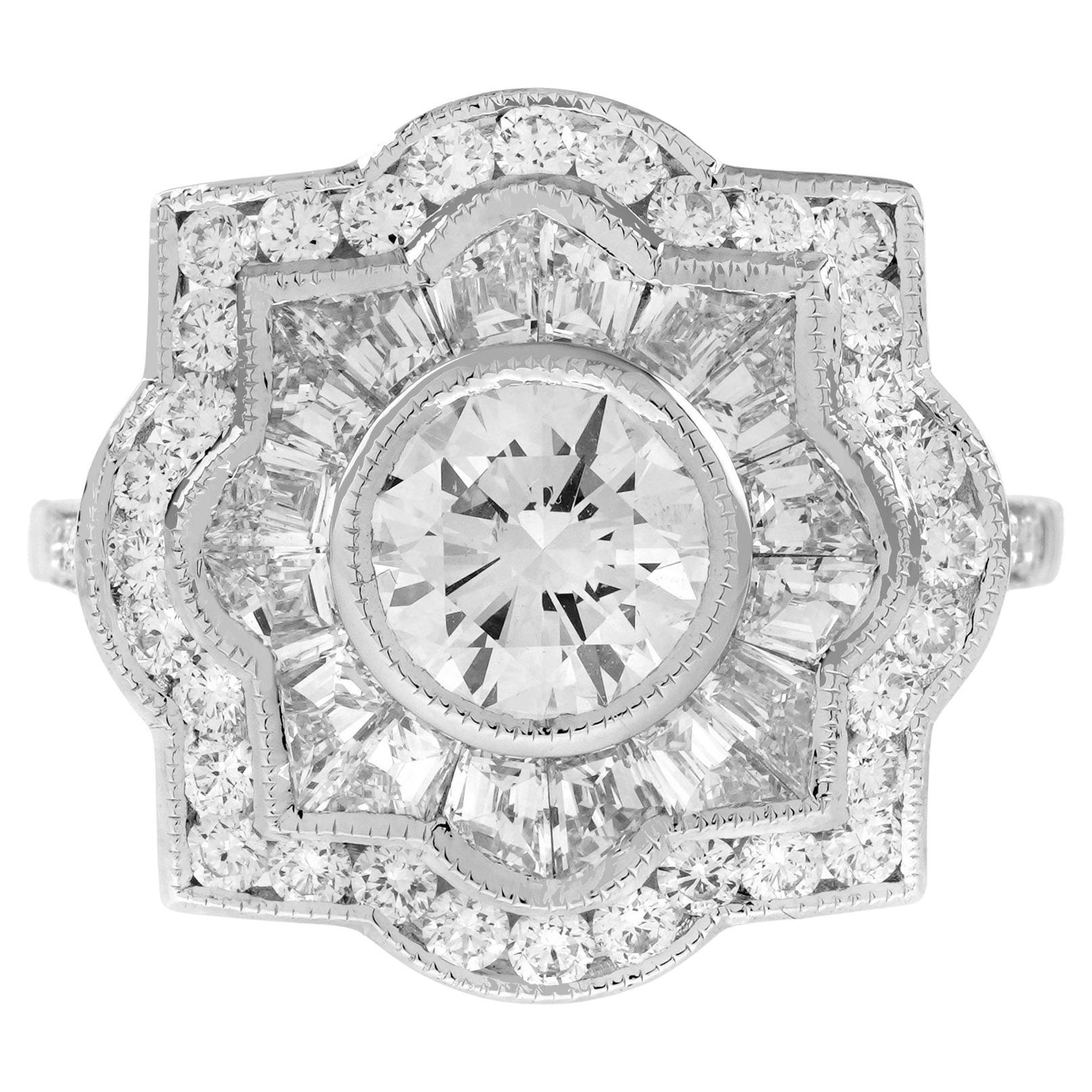 1.00 Ct. Diamond Art Deco Style Target Engagement Ring in 18K White Gold