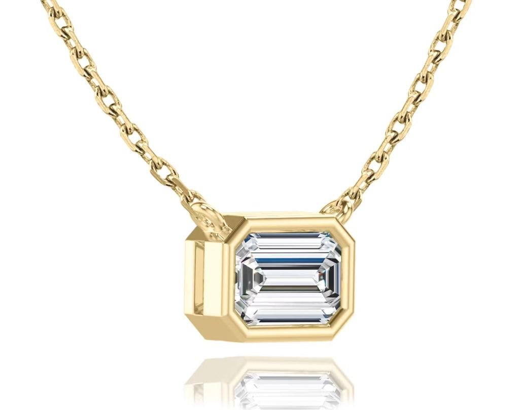 Bezel Pendant Necklace - GIA certified Emerald 1.00ct, F VS2, set in a bezel setting, with 16 inch length, 18 Karat Yellow Gold cable chain. Special order available from 
1 - 5ct in any size, quality and diamond shape. Approximate completion time is