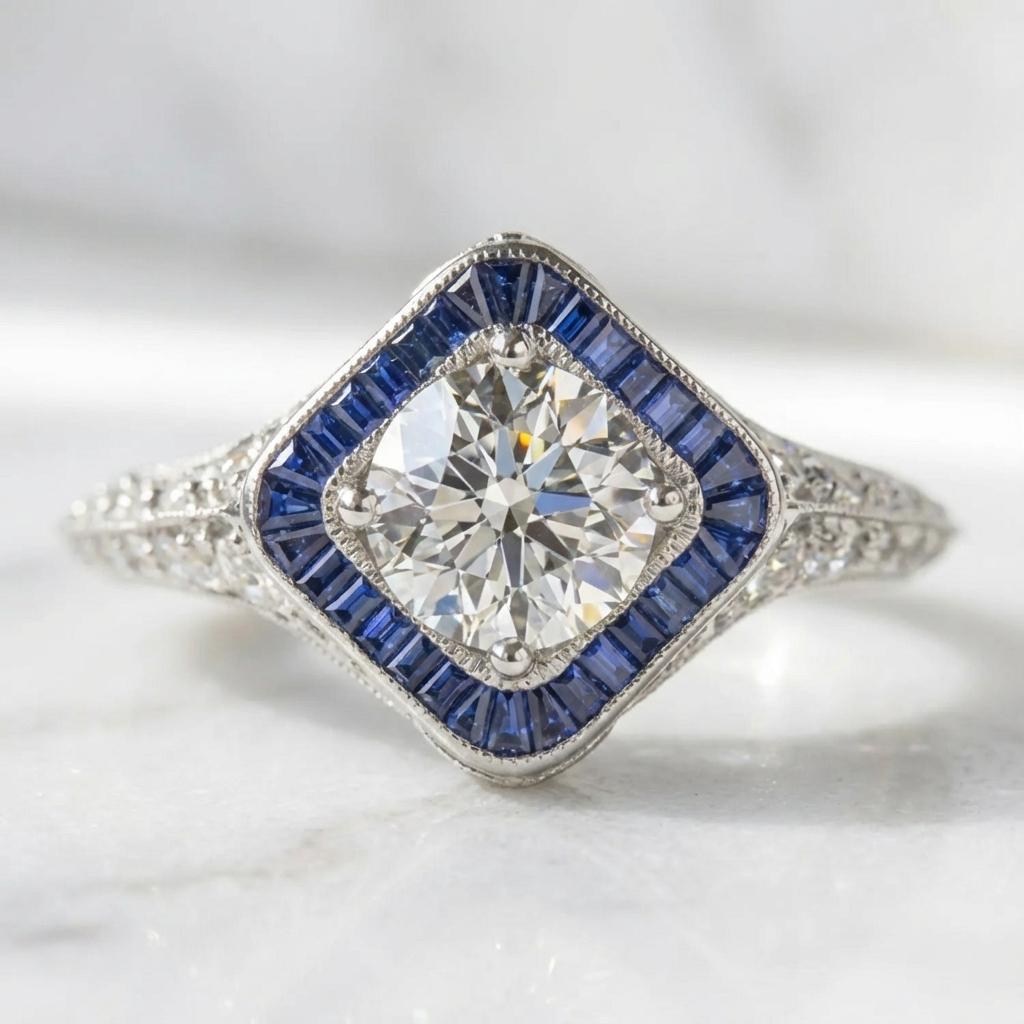 Anillo de compromiso de diamantes y zafiros con certificado GIA de 1,00 ct en oro blanco de 14k Art Decó en venta
