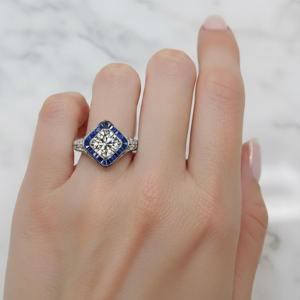 Anillo de compromiso de diamantes y zafiros con certificado GIA de 1,00 ct en oro blanco de 14k Corte redondo en venta