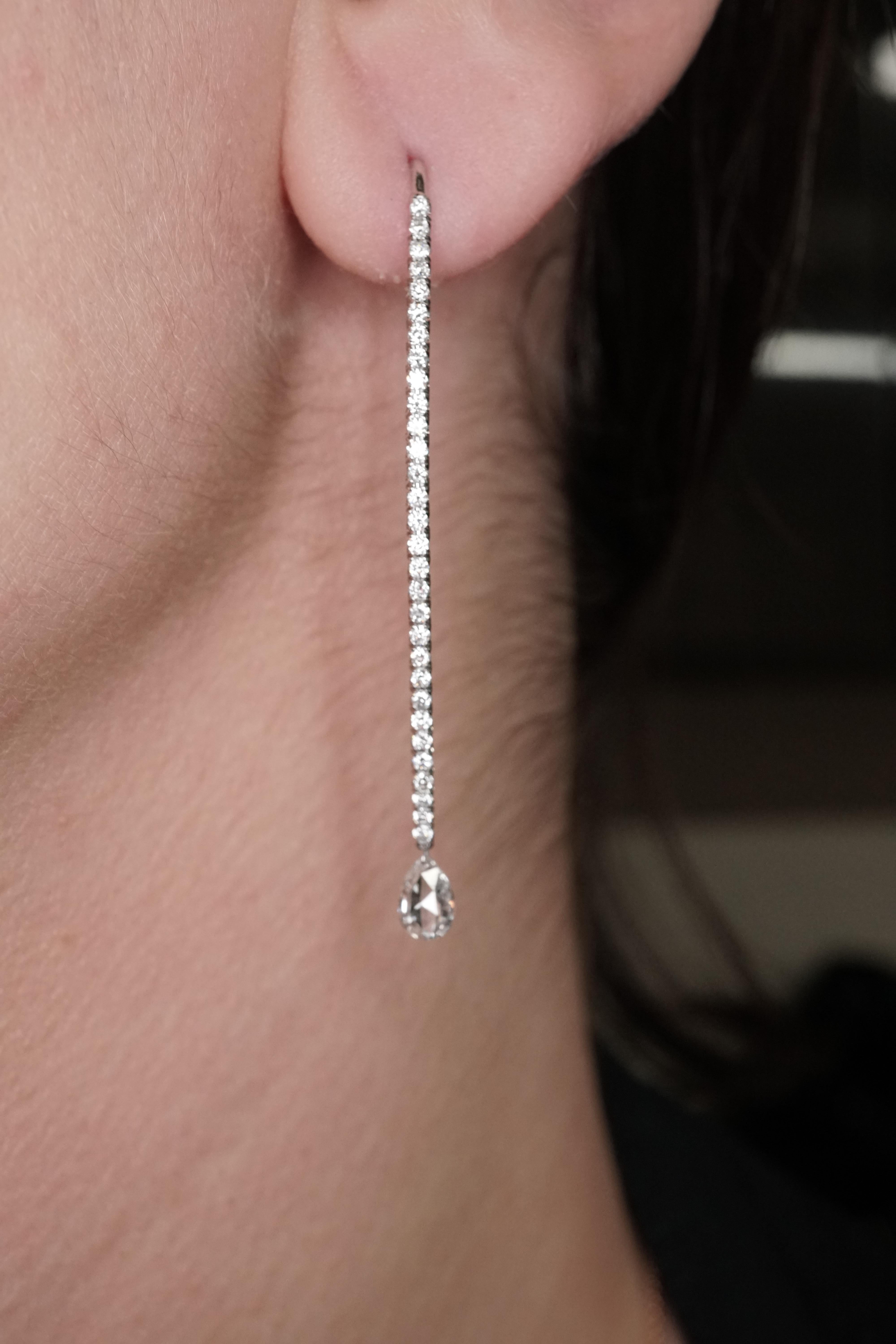 Women's Dangling Pear Shape Briolette Earrings in 18K White Gold For Sale