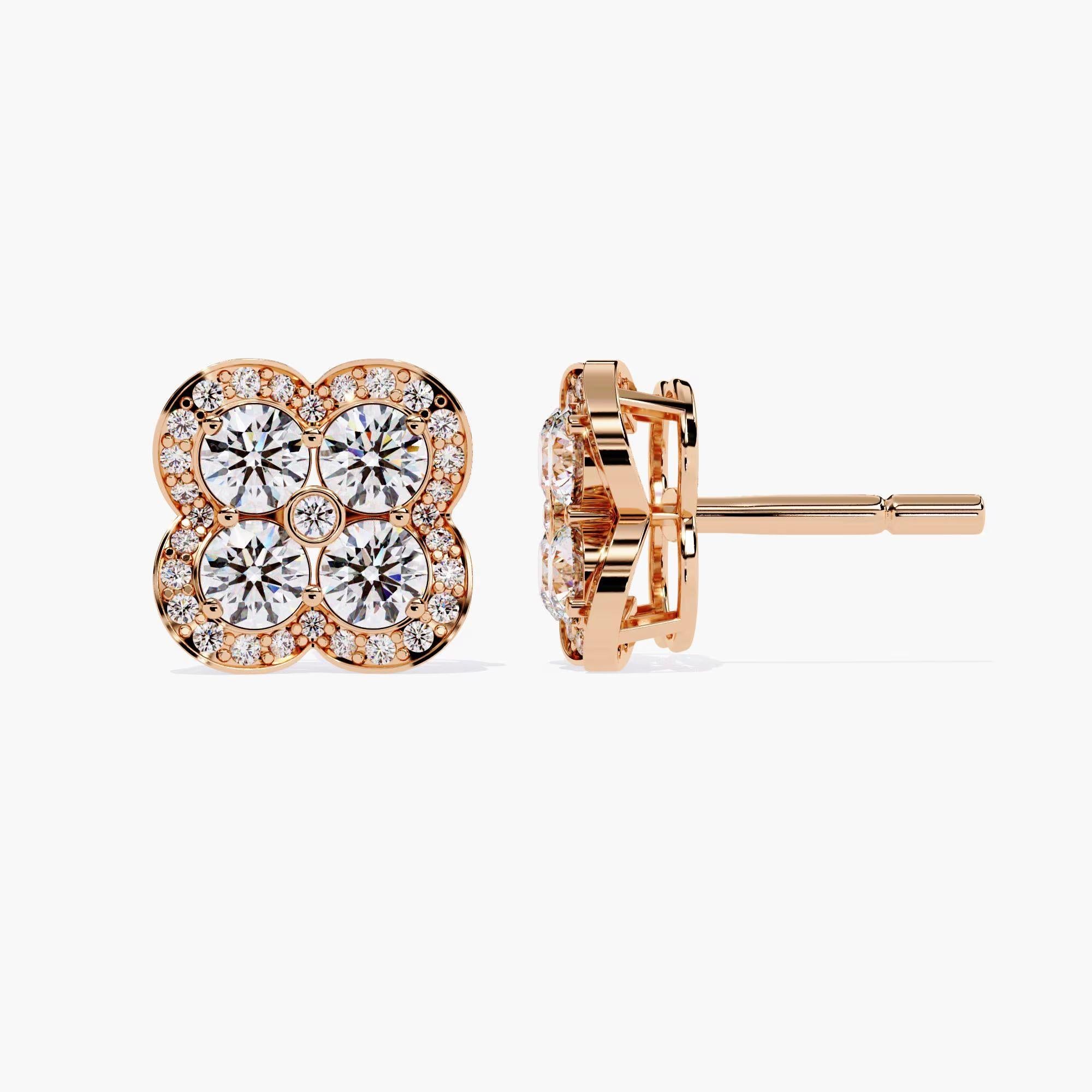 Orecchini a fiore a grappolo con diamante naturale da 1,00 carati in oro 14K in vendita 1