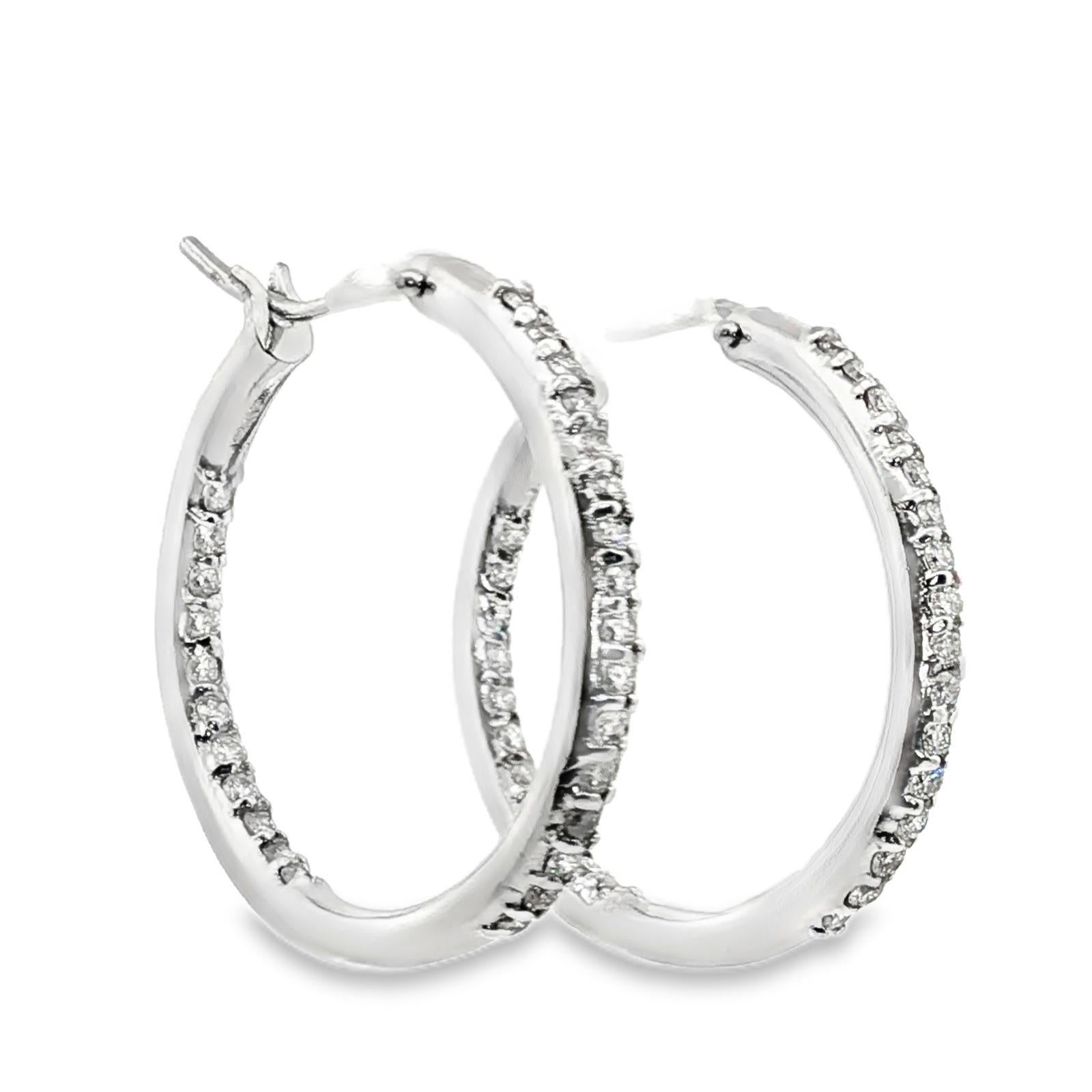 Orecchini a cerchio con diamante tondo e brillante da 1,00 CTW in oro bianco 14 carati da 1,0 pollici In condizioni ottime in vendita a Boca Raton, FL