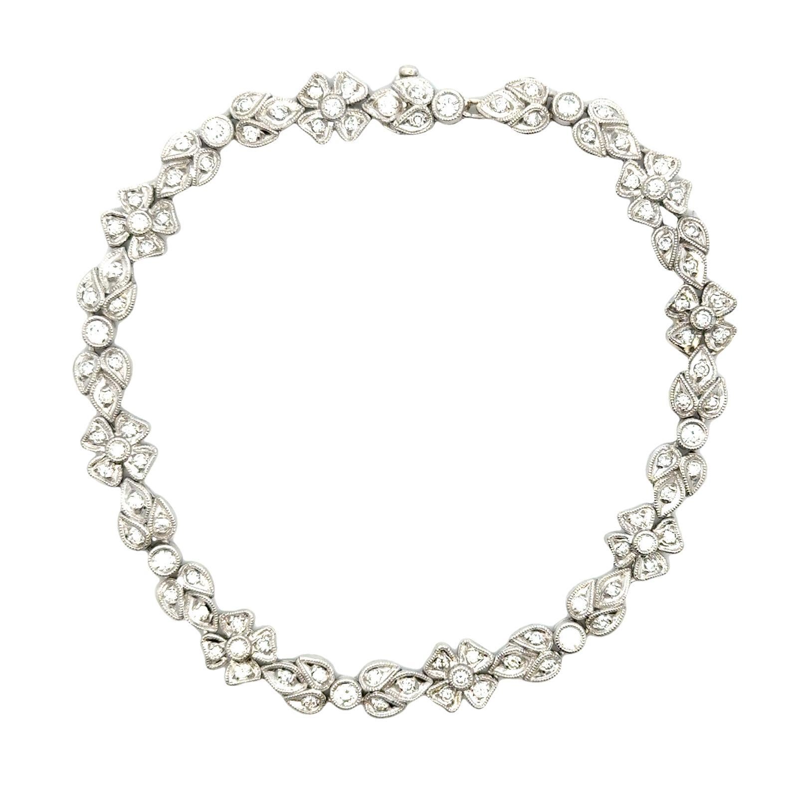 1.00 CTW Round Brilliant Diamond Platinum Floral Design Bracelet In Excellent Condition In Boca Raton, FL
