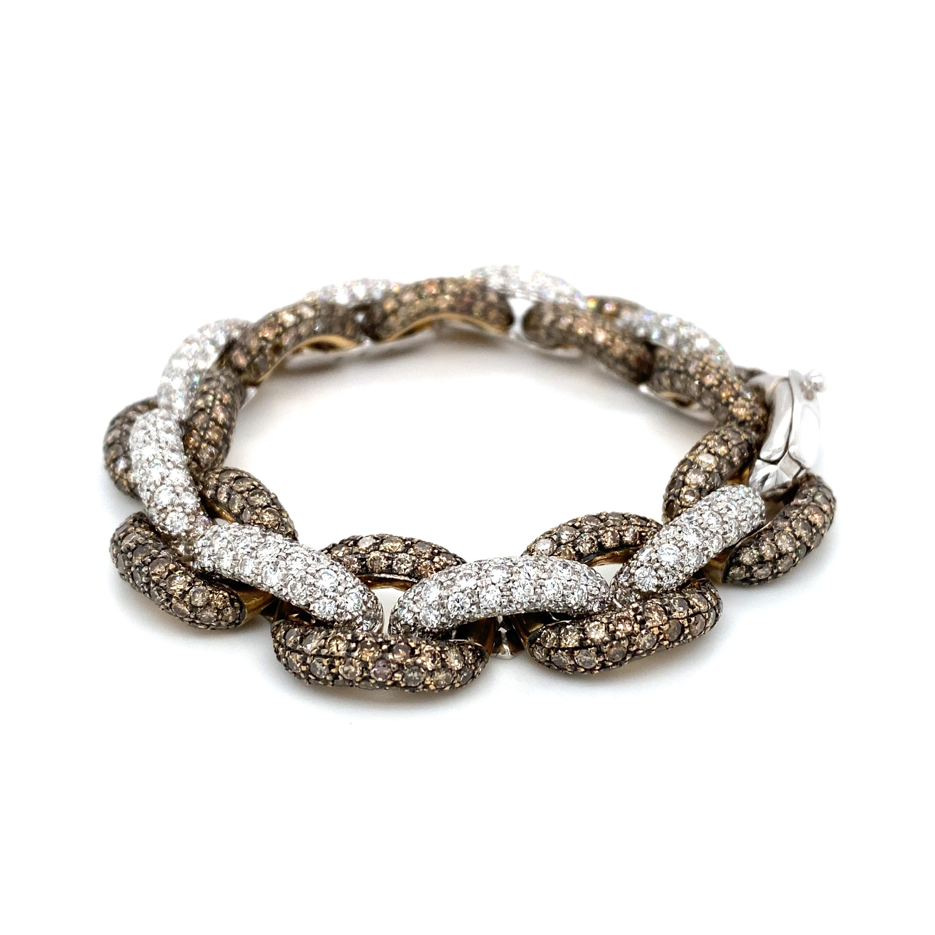 Round Cut 10.0 CTW White and Fancy Brown Diamond Chain Bracelet in 14 Karat Gold For Sale