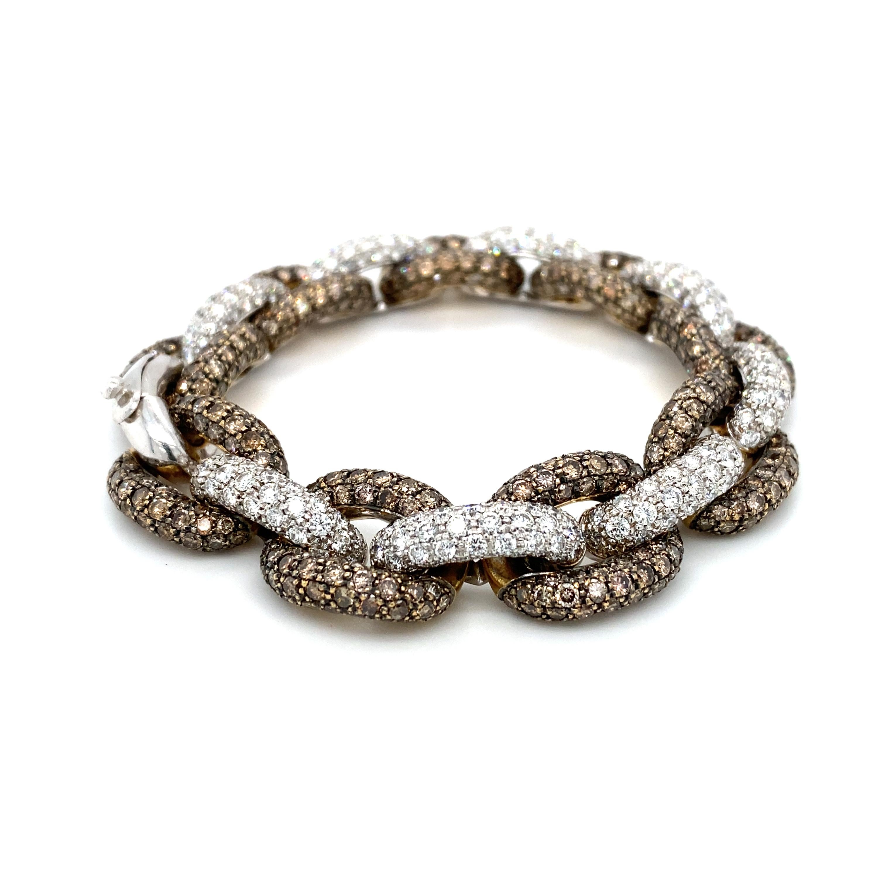 Women's or Men's 10.0 CTW White and Fancy Brown Diamond Chain Bracelet in 14 Karat Gold For Sale