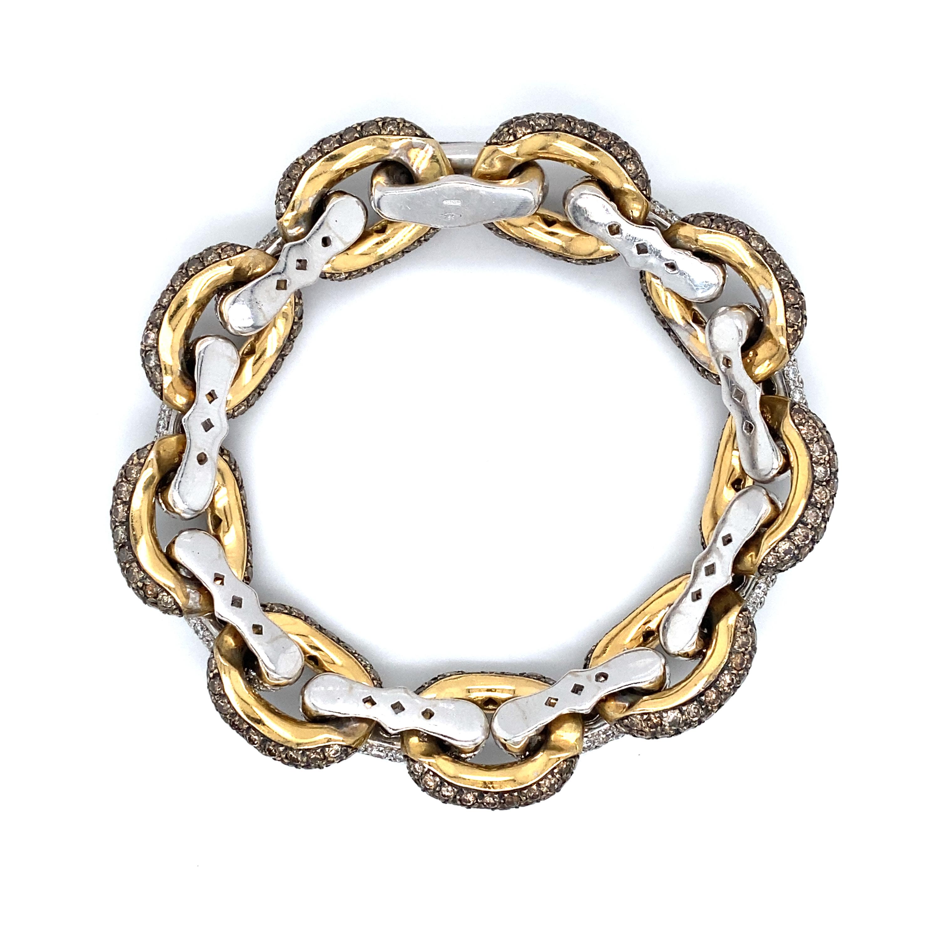 10.0 CTW White and Fancy Brown Diamond Chain Bracelet in 14 Karat Gold For Sale 2